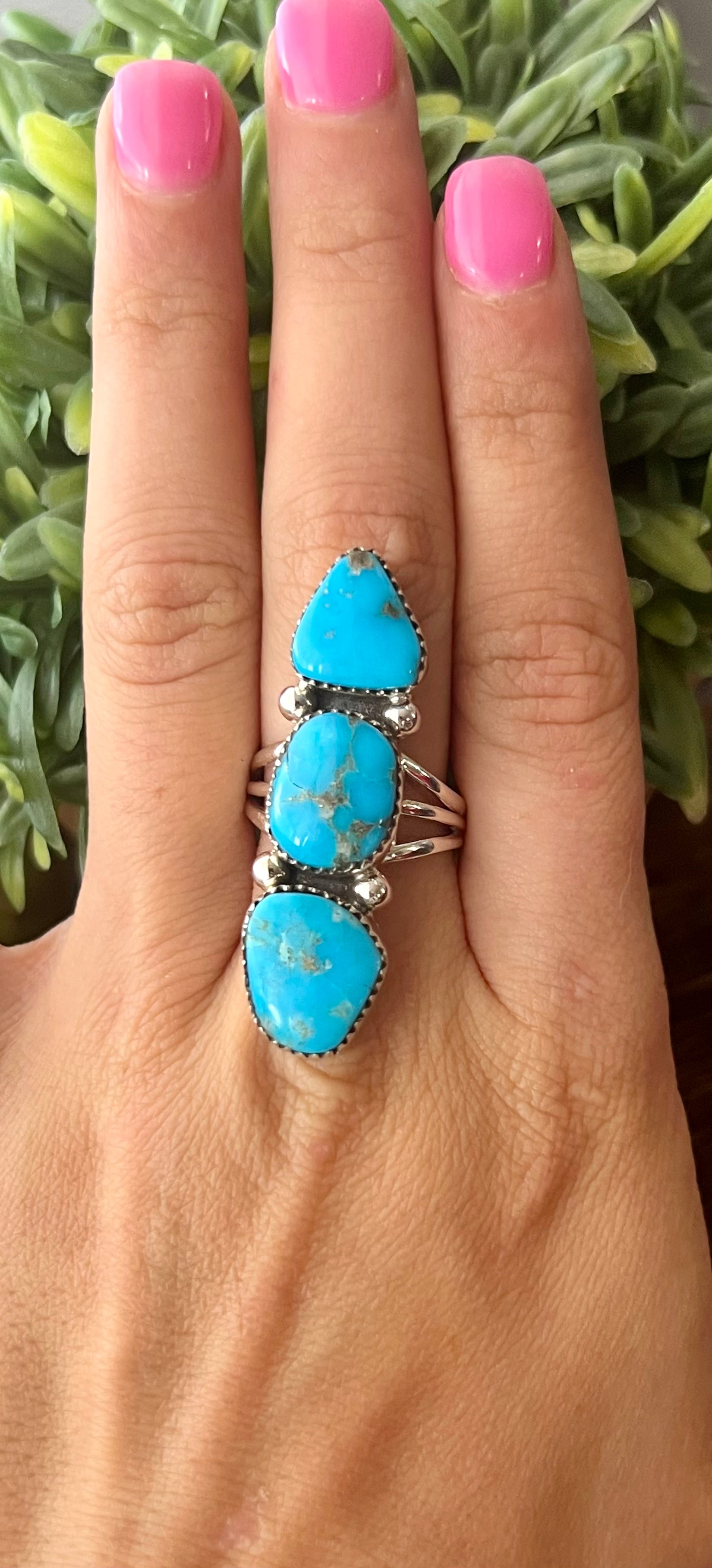 Southwest Handmade Kingman Turquoise & Sterling Silver Climber Ring Size 7.25 Stamped Sterling.