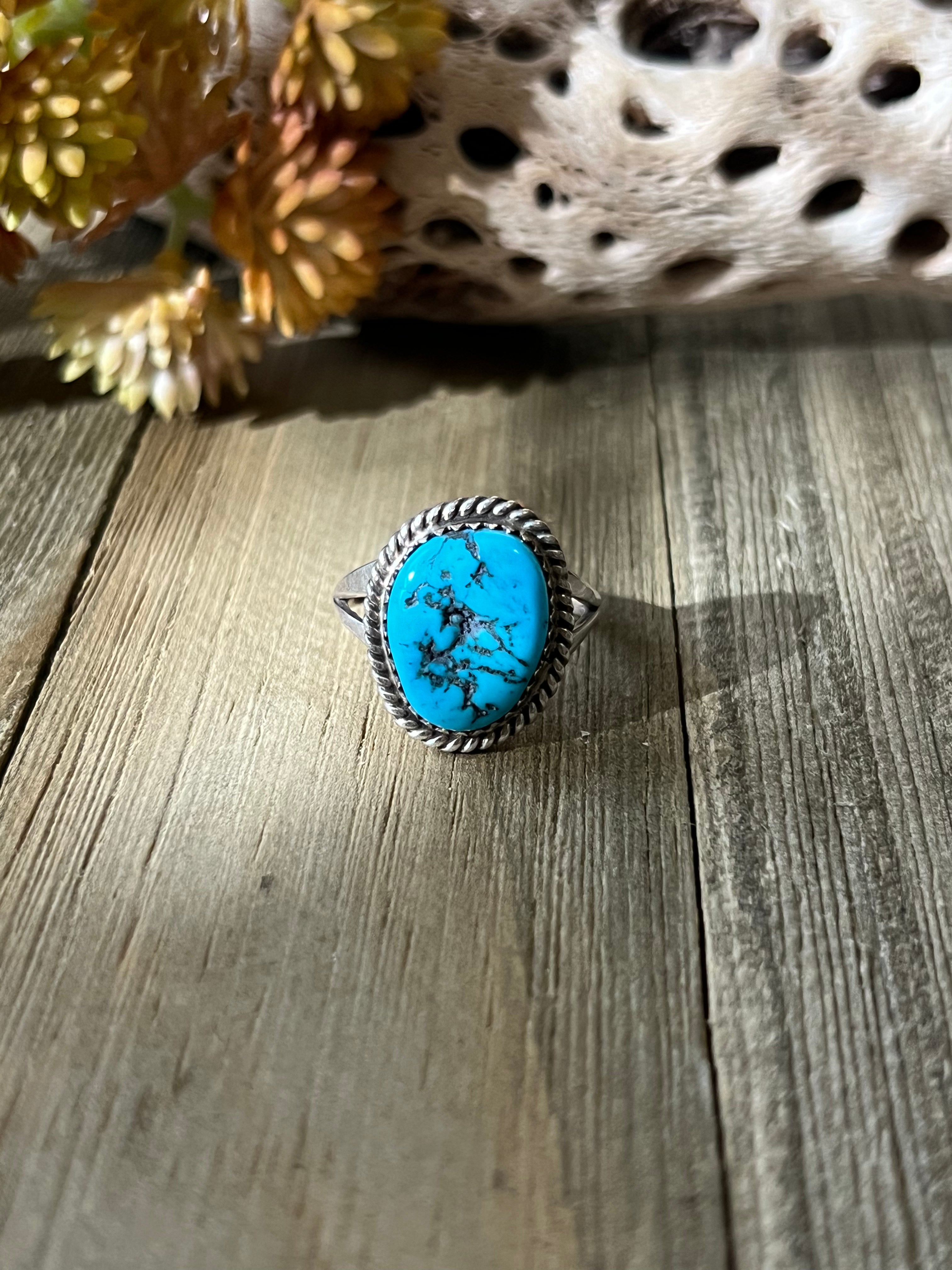 Navajo Made Kingman Turquoise & Sterling Silver Ring Size 8.25