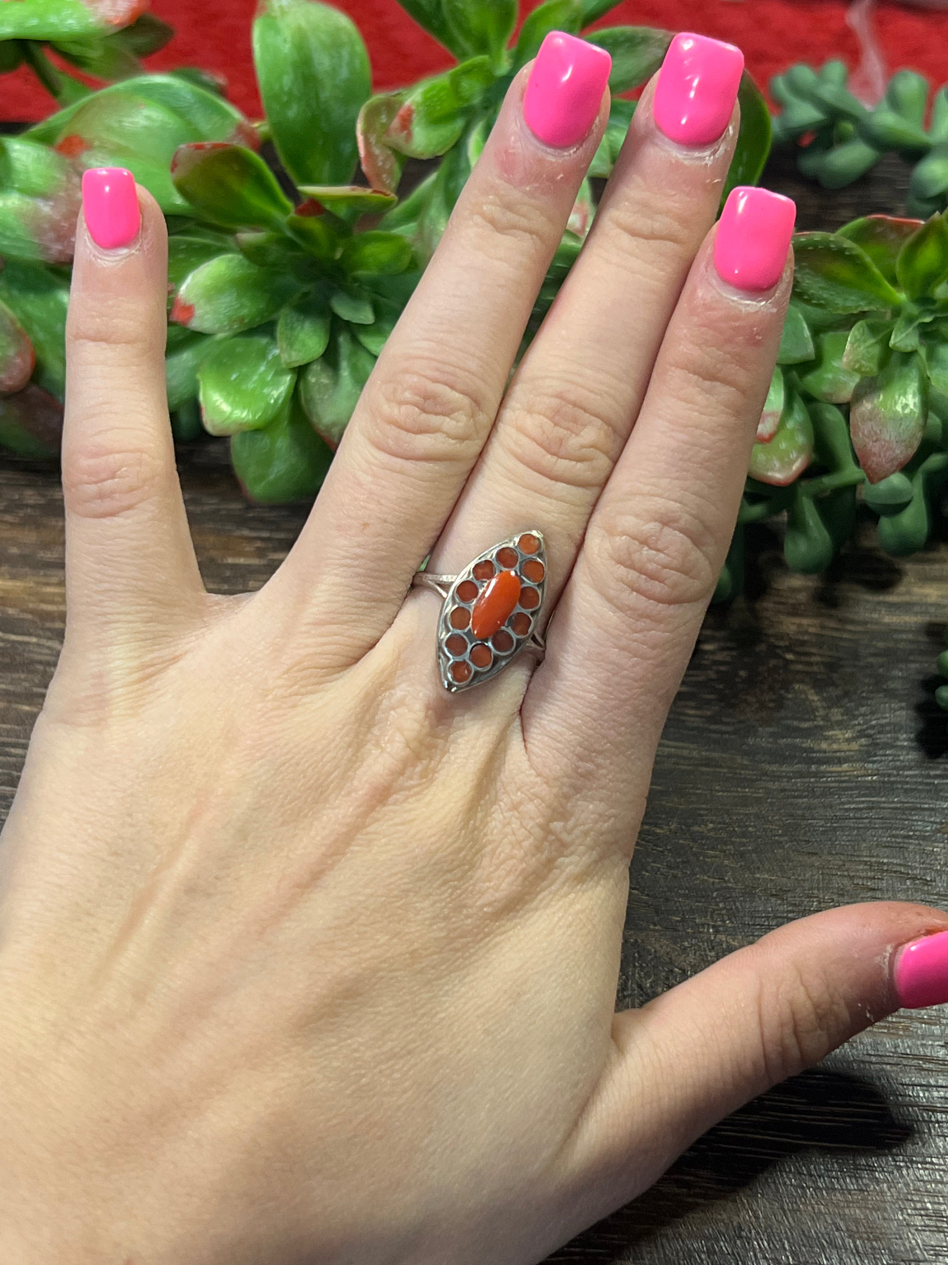 Zuni Made Coral & Sterling Silver Ring Size 8