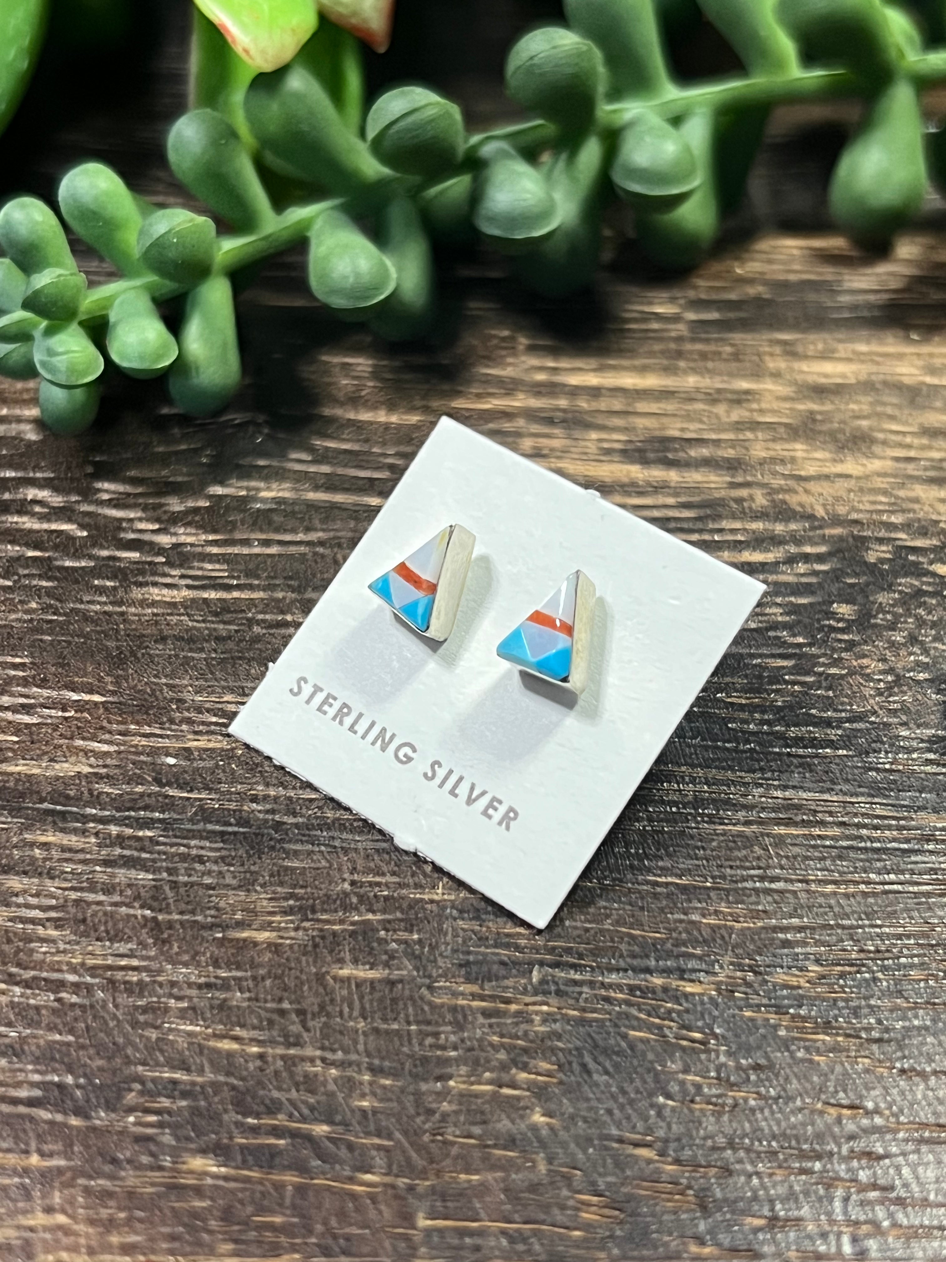 Zuni Made Multi Stone & Sterling Silver Triangle Post Earrings