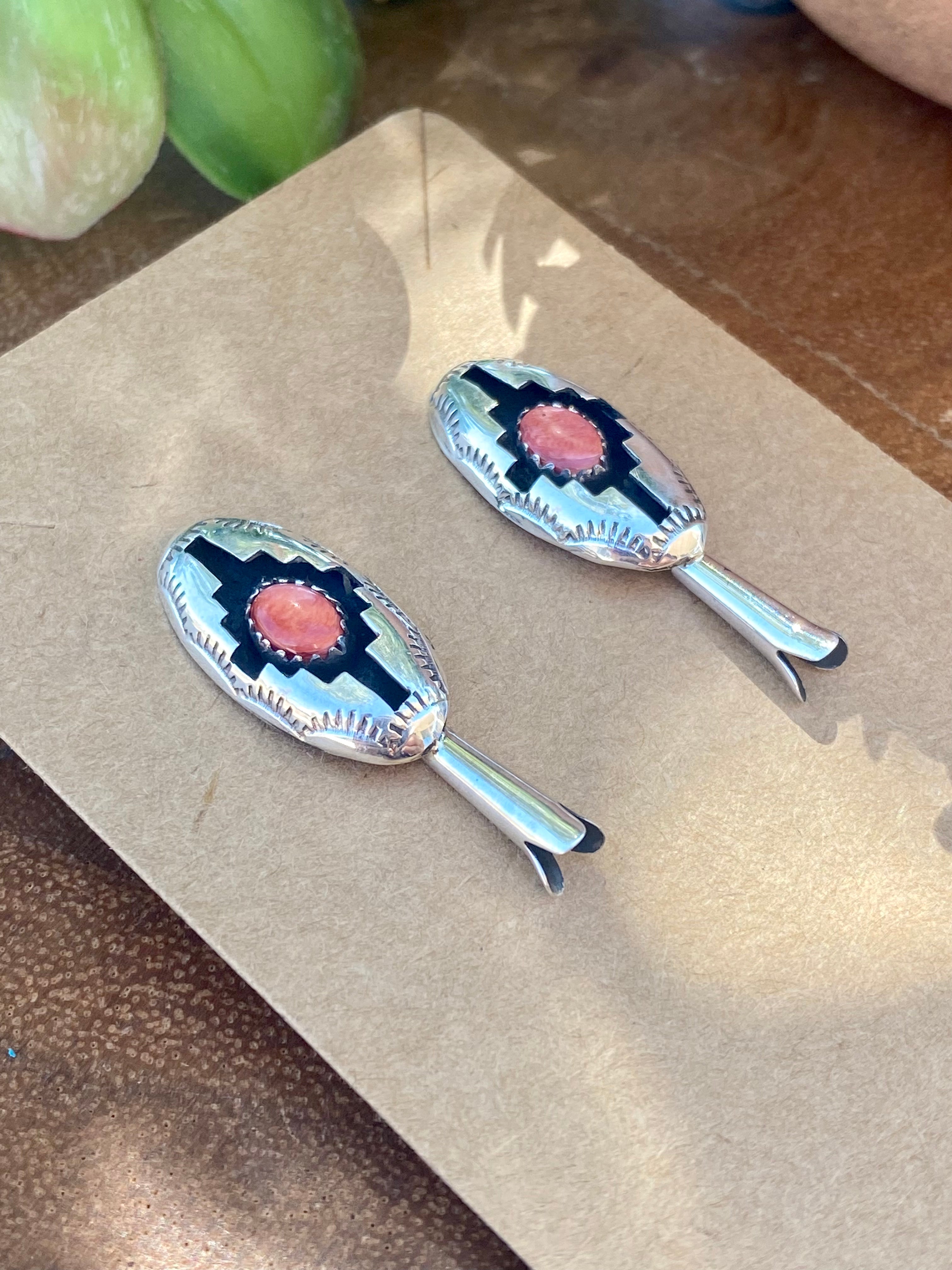 Navajo Made Red Spiny Oyster & Sterling Silver Blossom Post Dangle Earrings