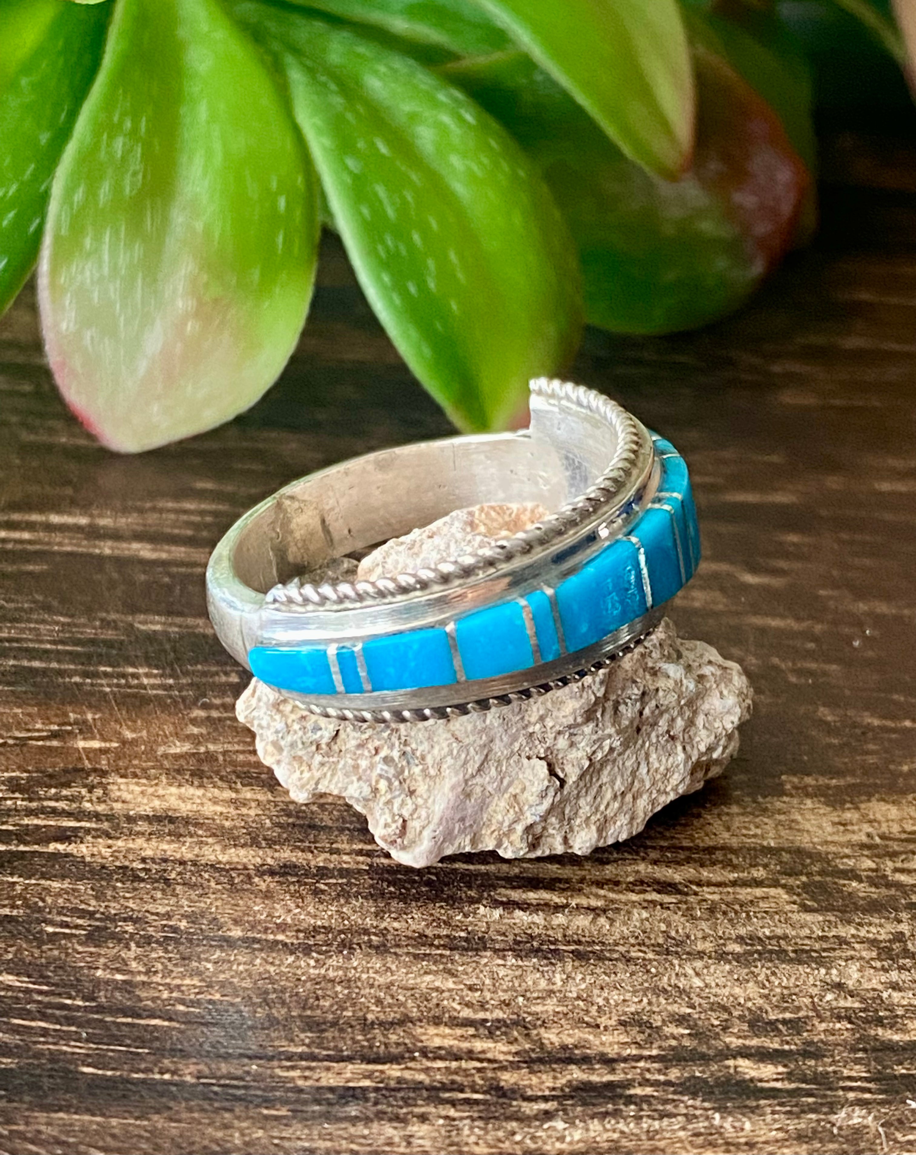 Navajo Made Kingman Turquoise & Sterling Silver Inlay Ring Size 12
