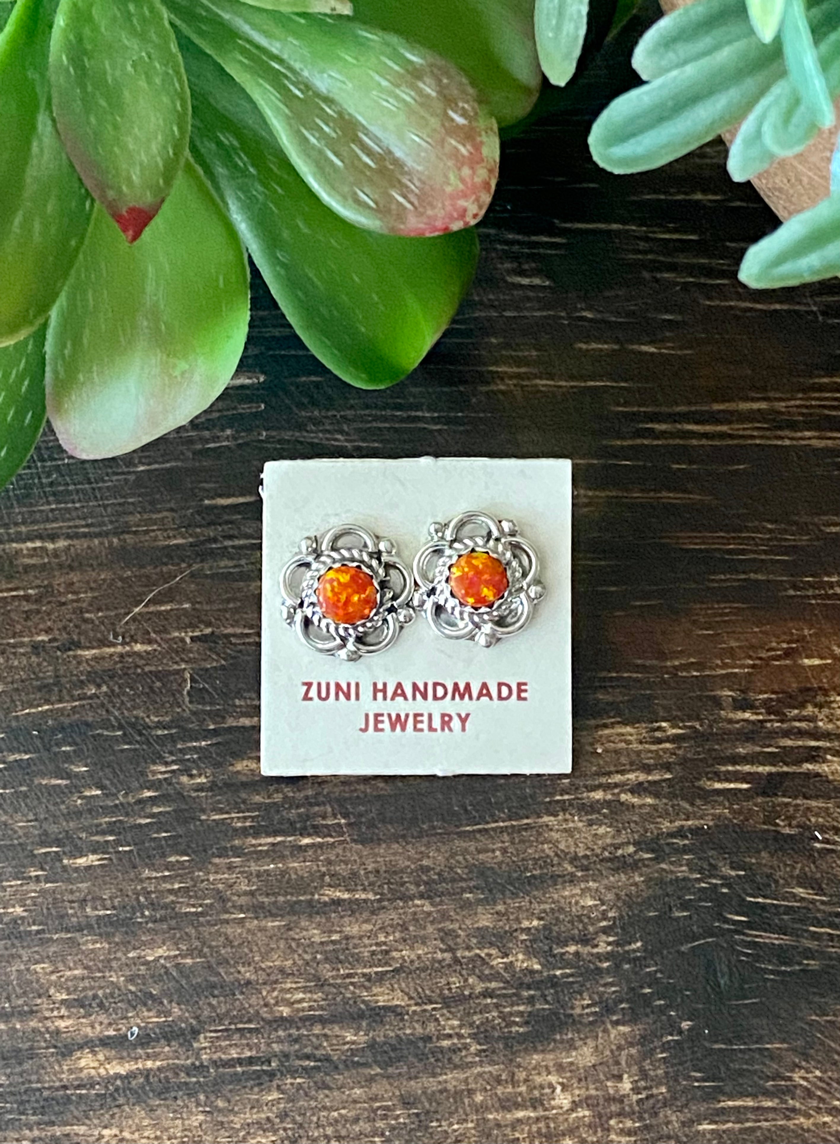 Zuni Made Orange Opal & Sterling Silver Studs Earrings