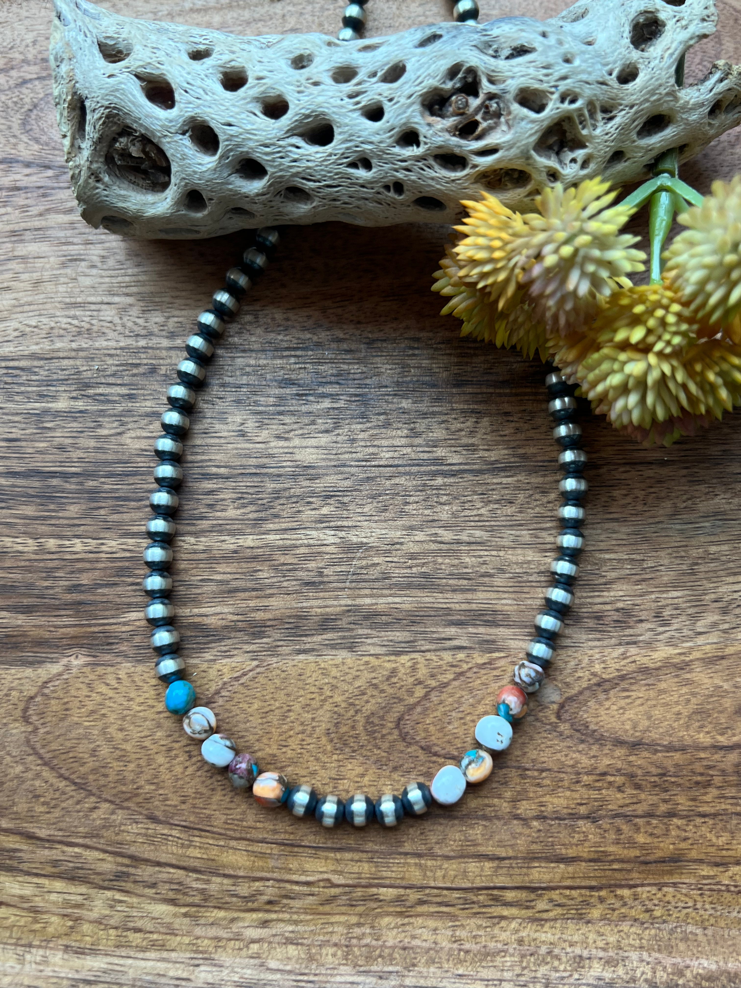 Navajo Strung Mohave Turquoise & Sterling Silver 8 MM Pearl Necklace