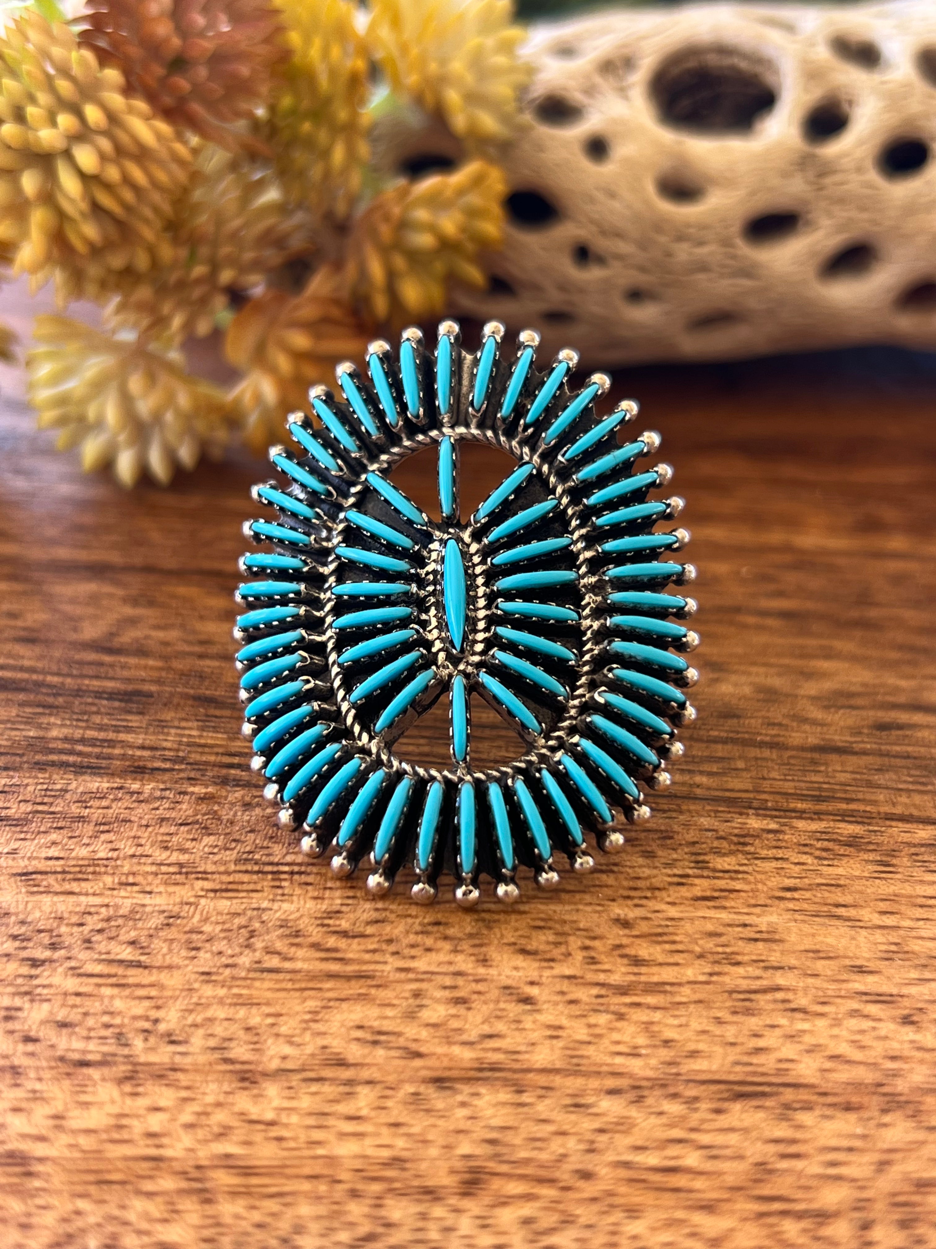 Southwest Handmade Turquoise & Sterling Silver Needlepoint Ring 8.25