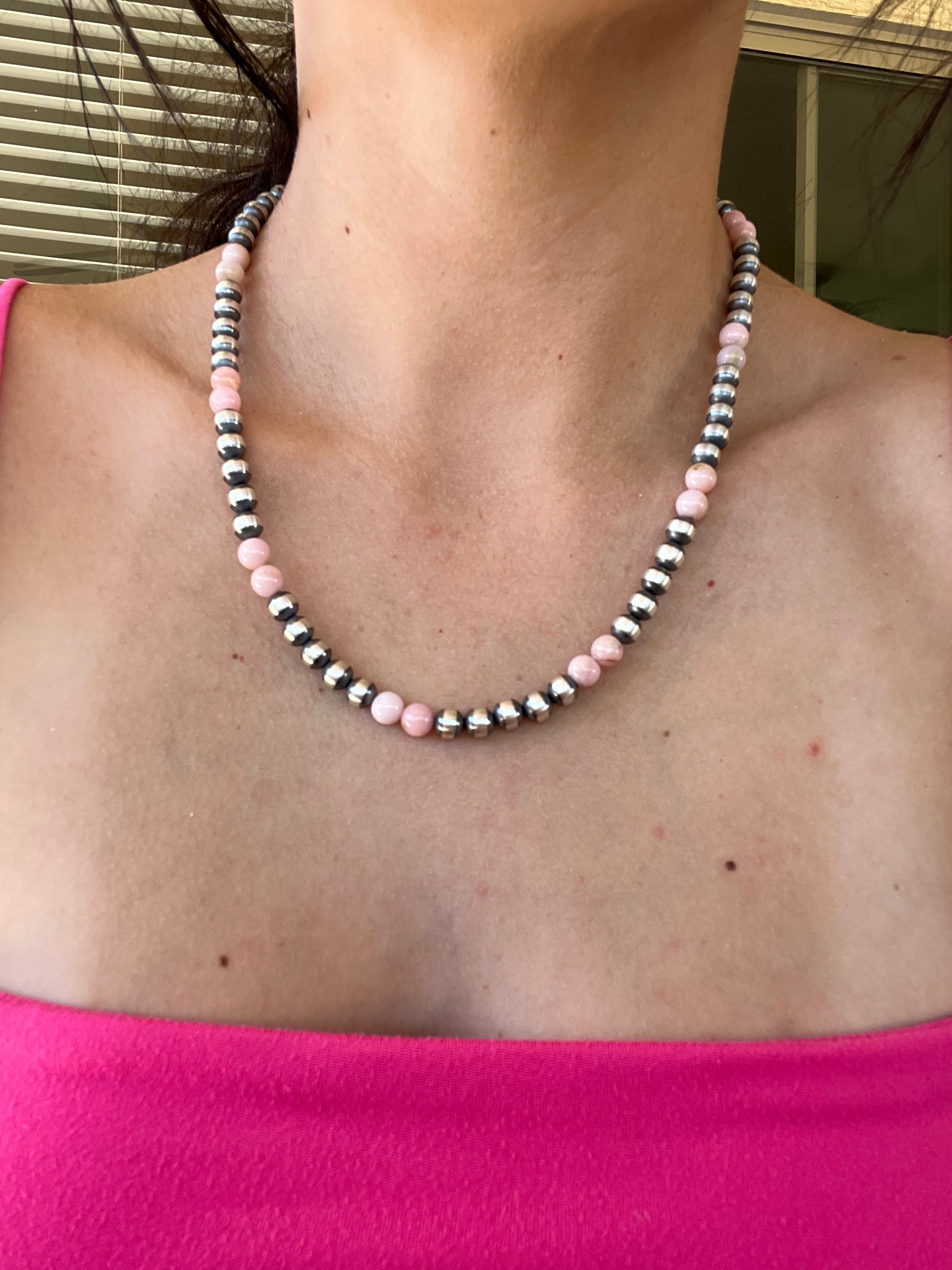 Navajo Pink Coral & Sterling Silver 8 MM Pearl Necklace