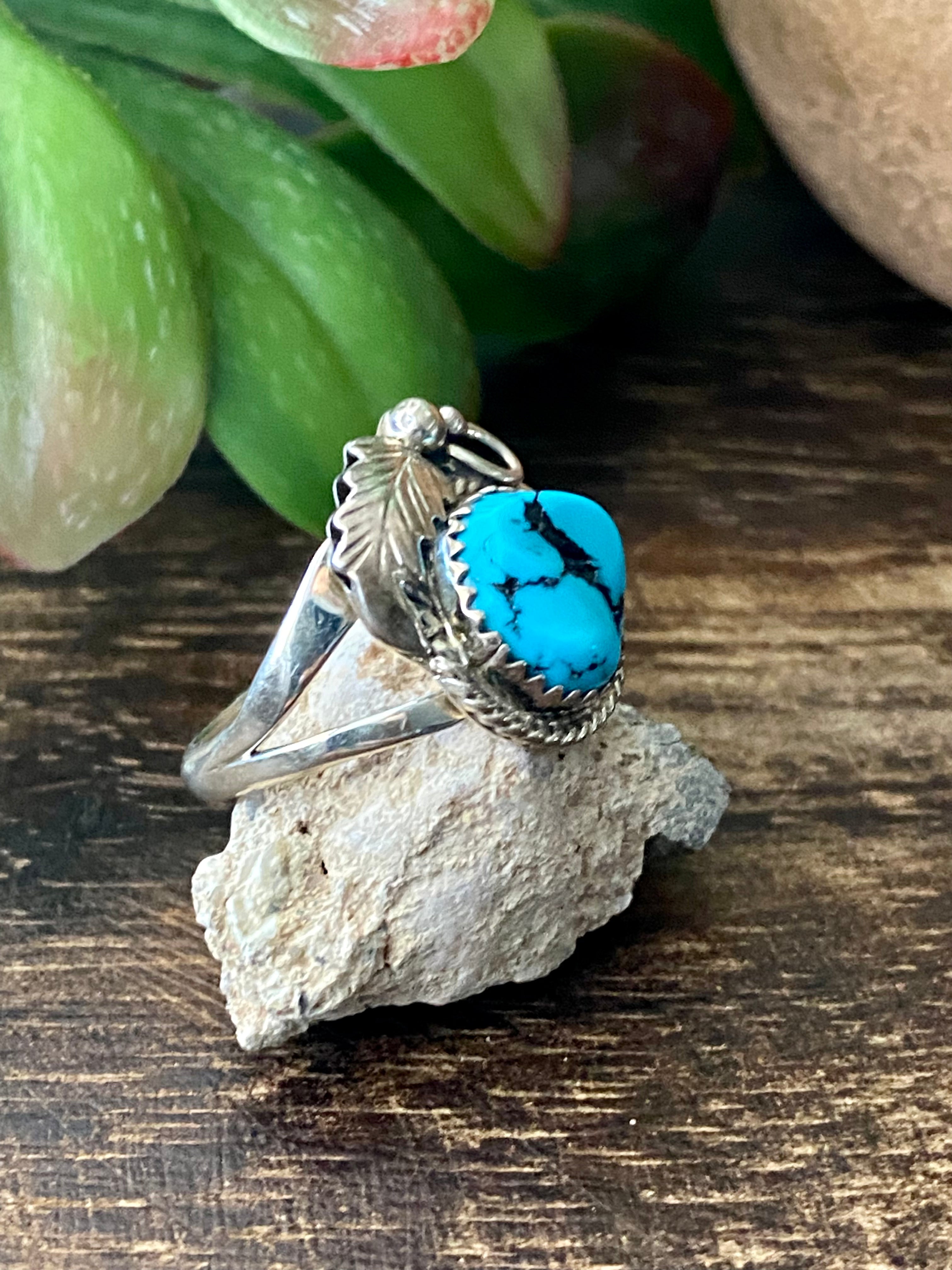 Navajo Made Kingman Turquoise & Sterling Silver Feather Ring Size 7.75