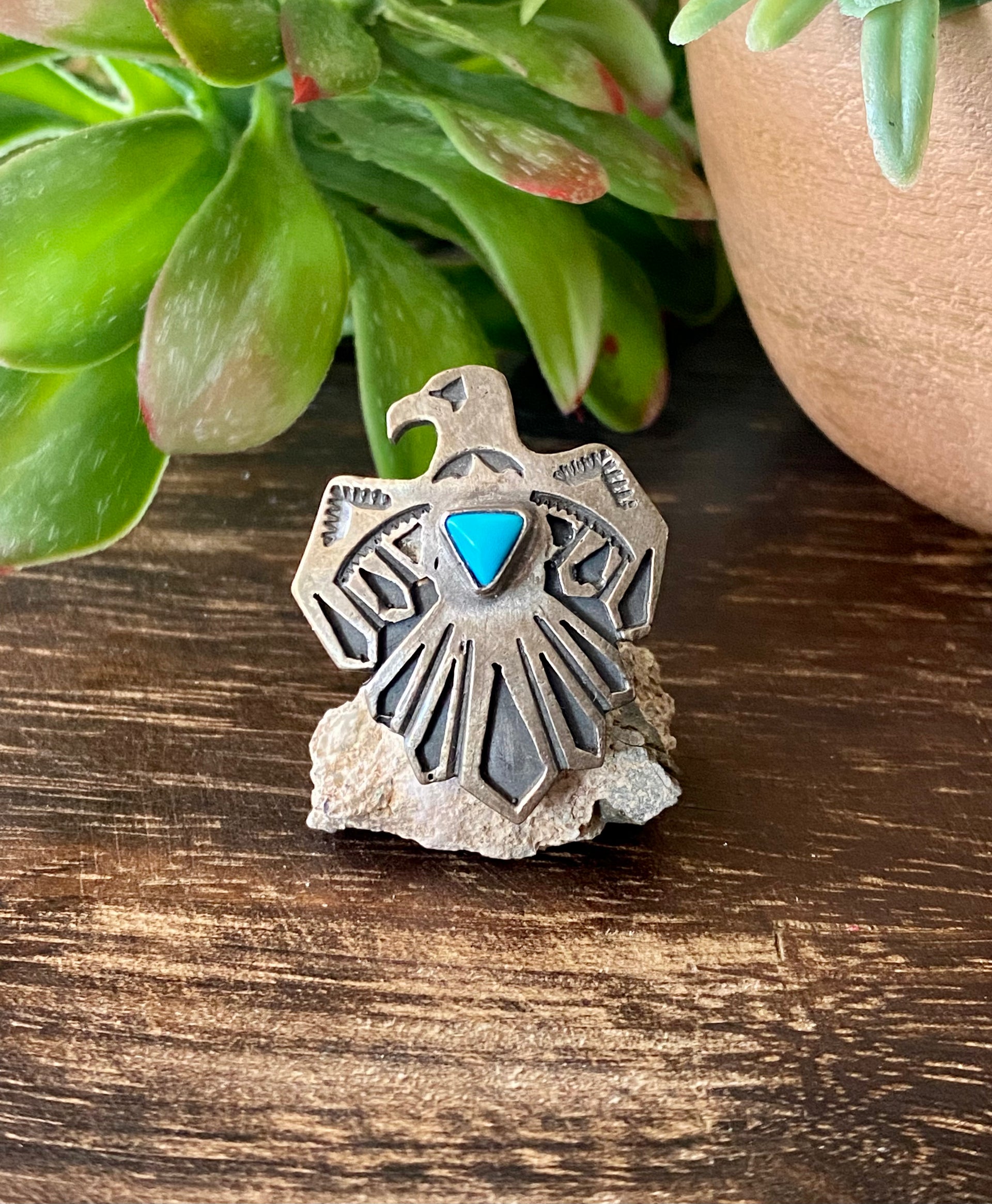 Navajo Turquoise & Sterling Silver Thunderbird Ring Size 5.5