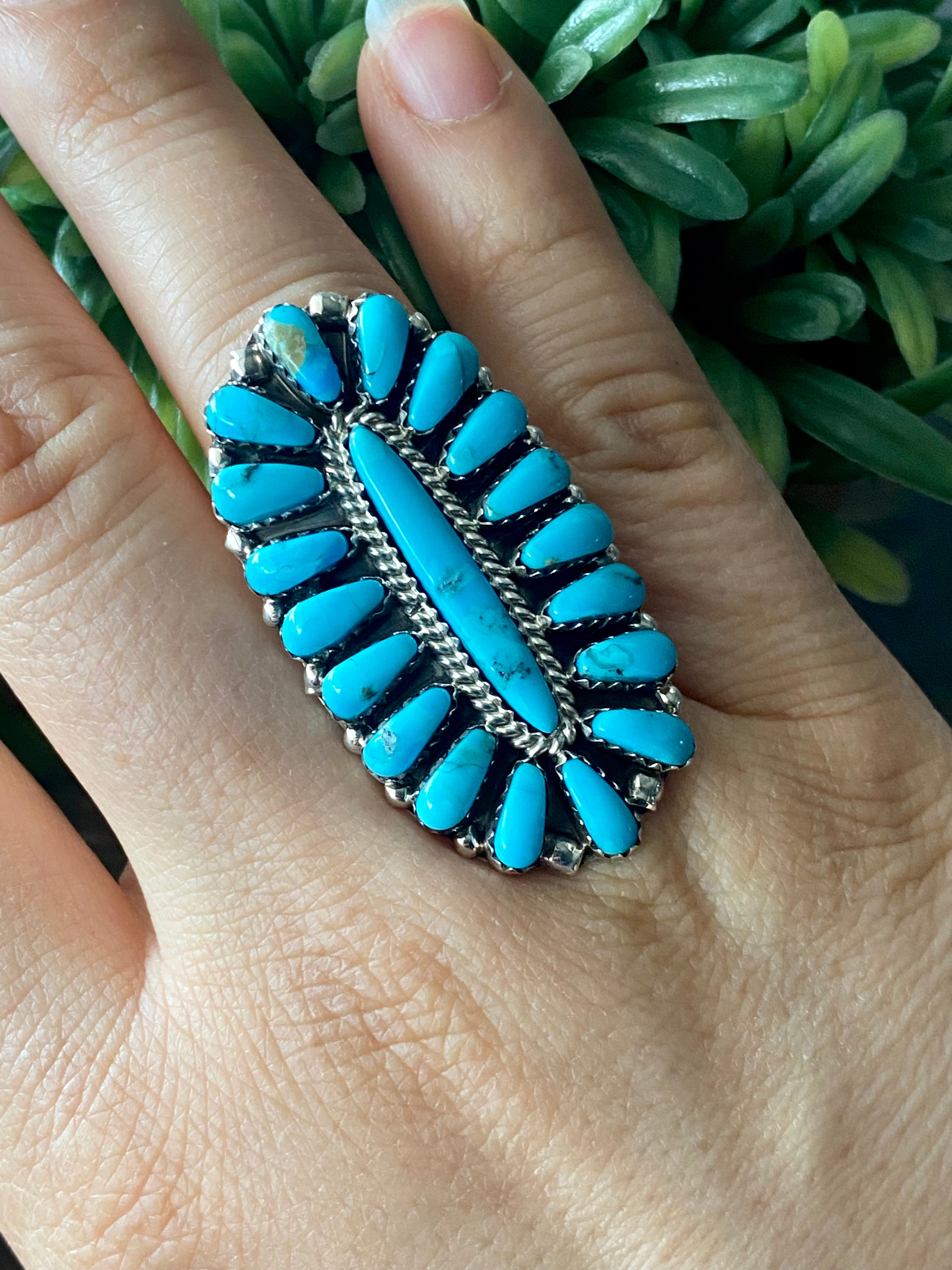 Navajo Made Kingman Turquoise & Sterling Silver Cluster Ring Size 8.5