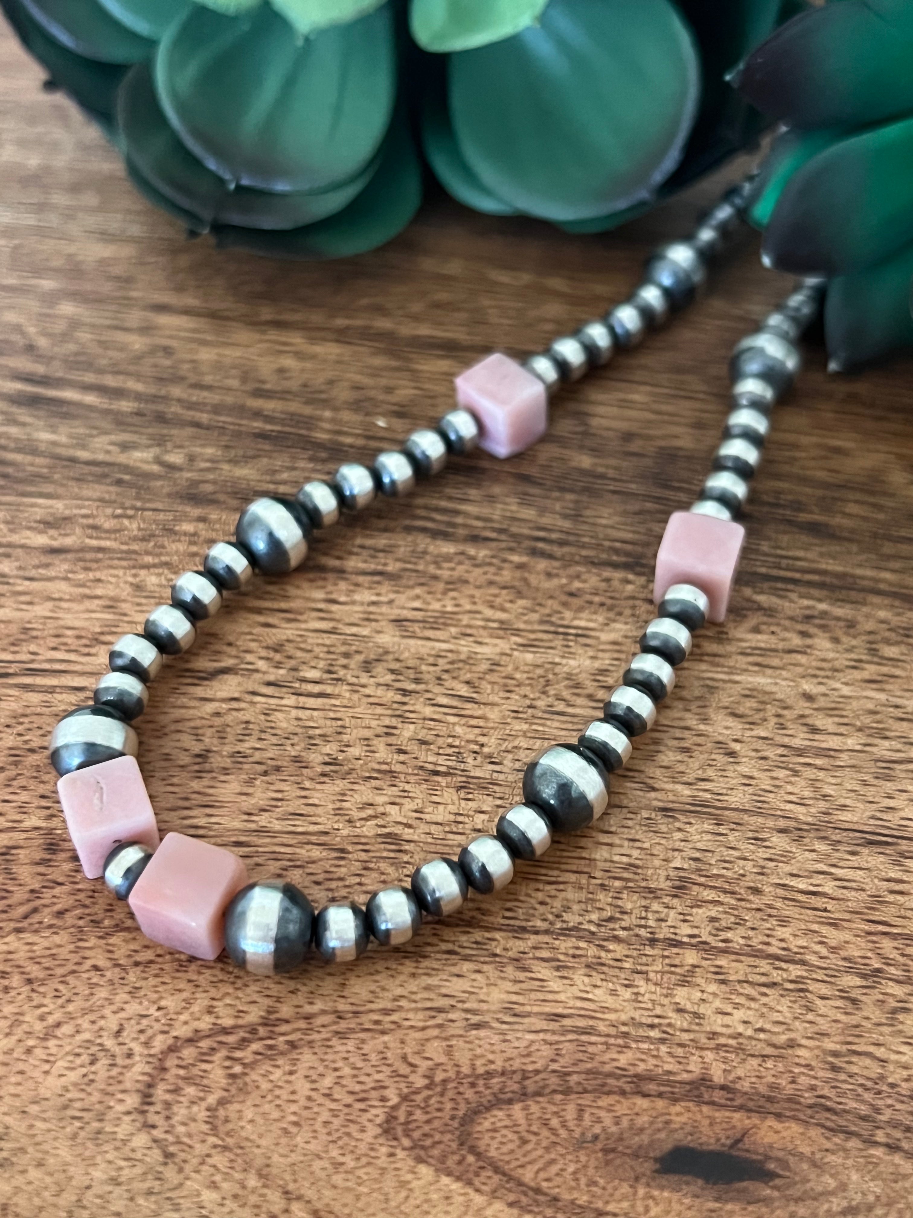 Navajo Made Pink Coral & Sterling Silver Graduated Pearl Necklace