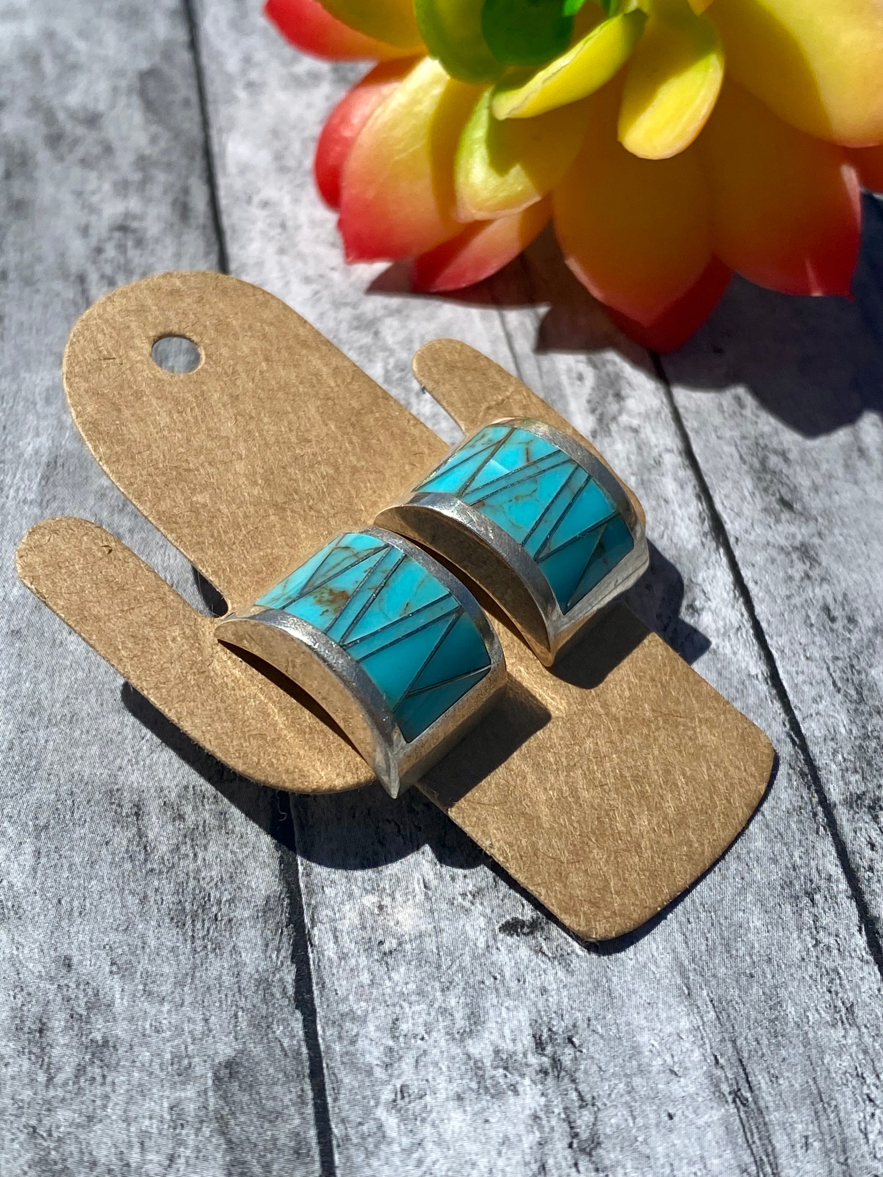 Navajo Made Kingman Turquoise & Sterling Silver Inlay Post Earrings