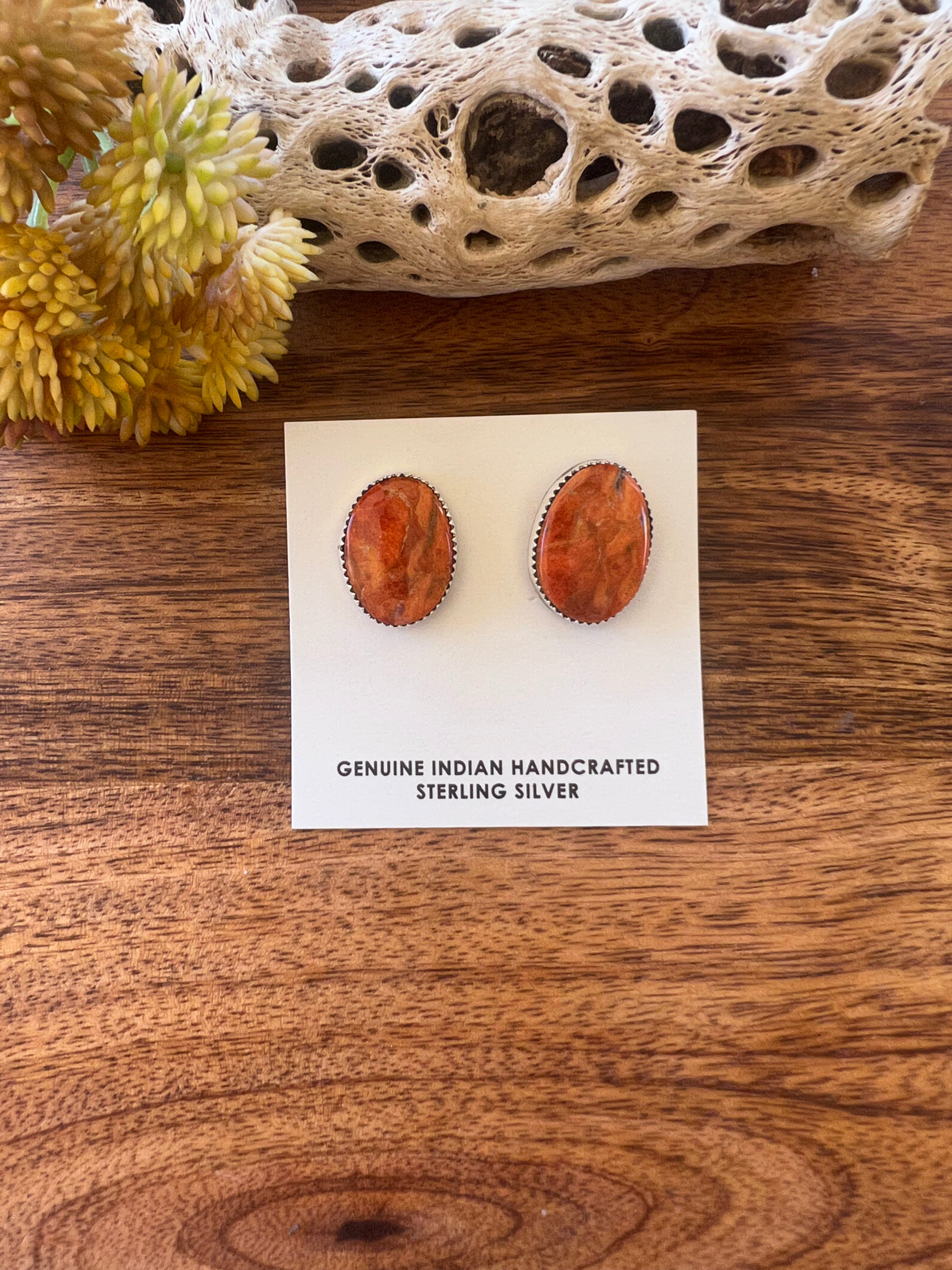 Navajo Made Apple Coral & Sterling Silver Post Earrings