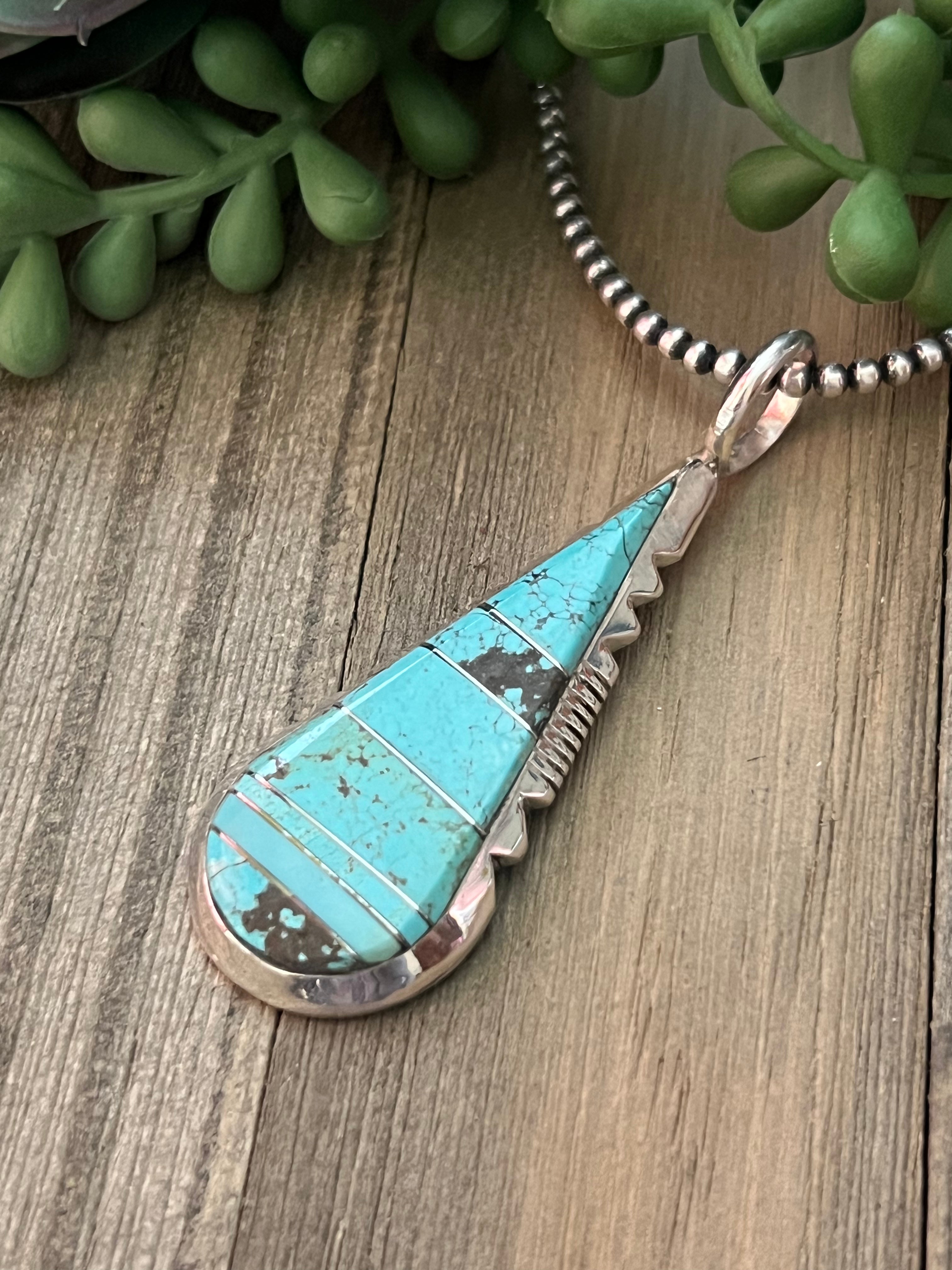 Navajo Made #8 Turquoise & Sterling Silver Inlay Pendant