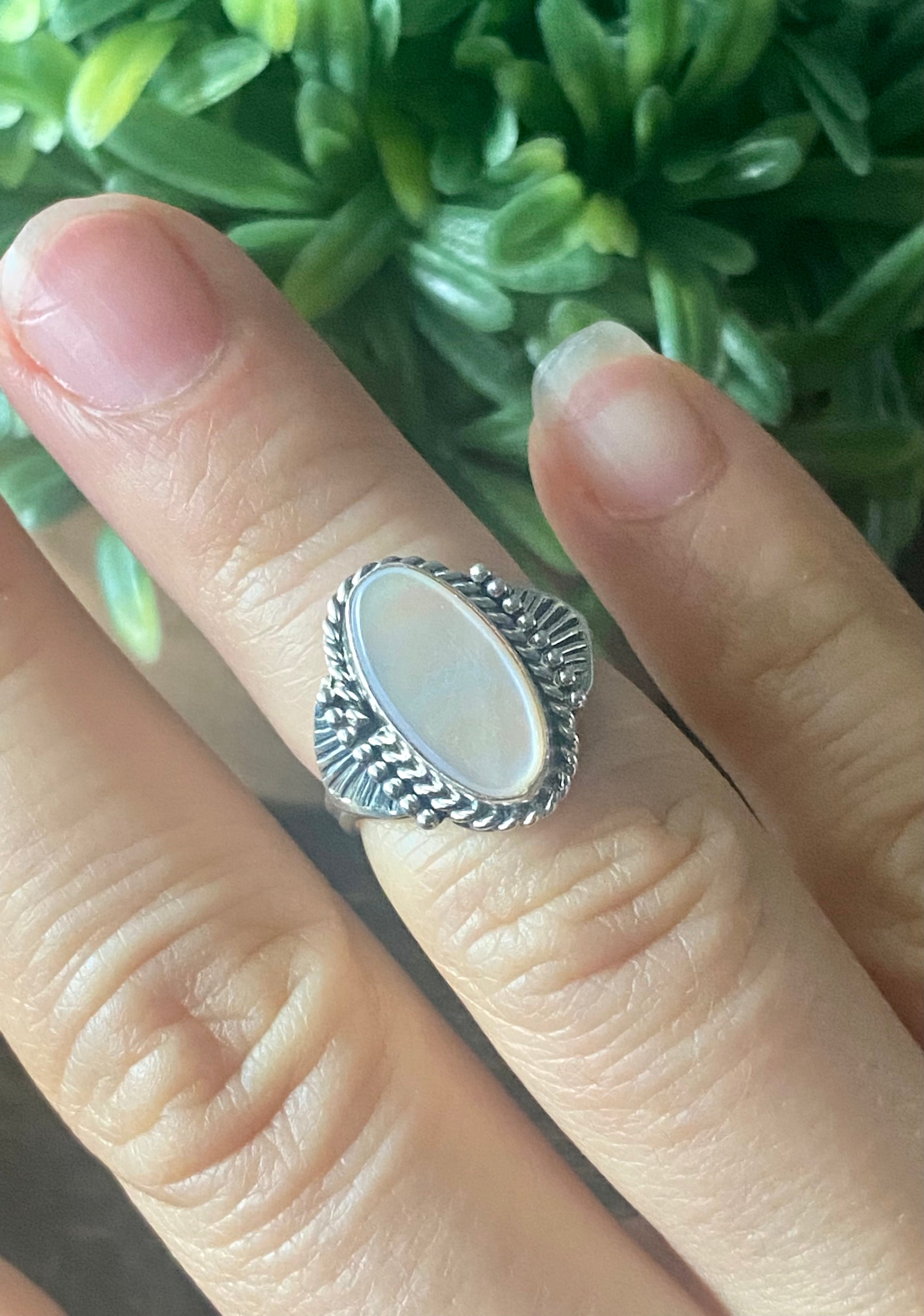 Navajo Made Mother of Opal & Sterling Silver Ring Size 4.5