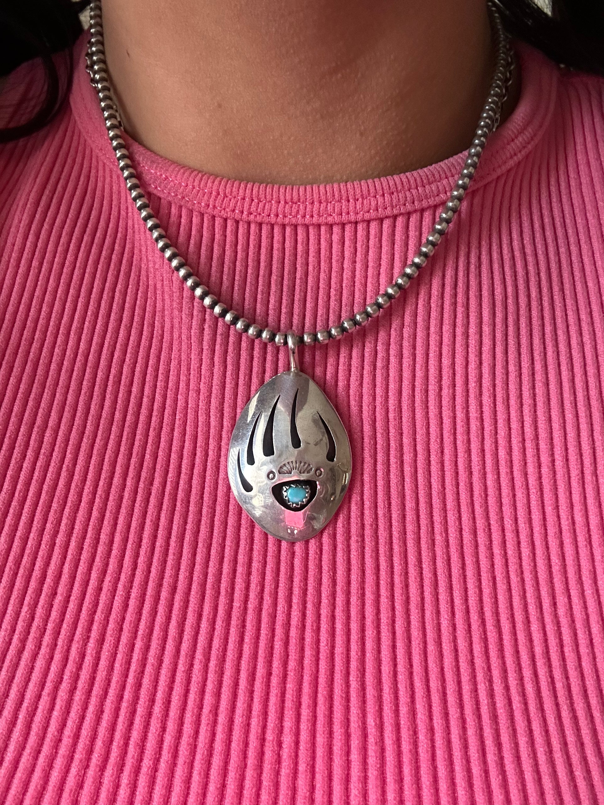 Navajo Made Kingman Turquoise & Sterling Silver Bear Claw Pendant