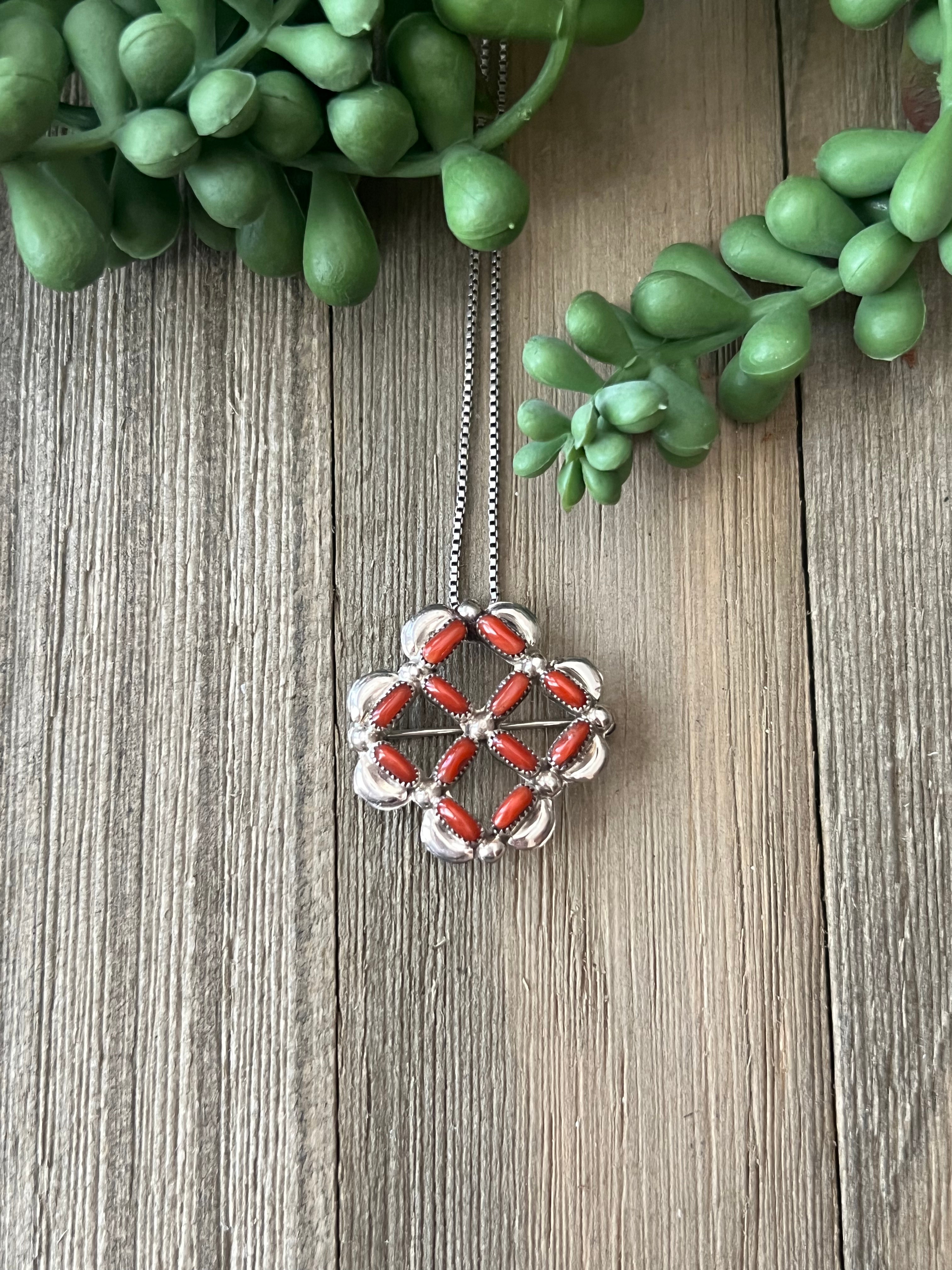 Zuni Made Red Coral & Sterling Silver Cluster Pendant