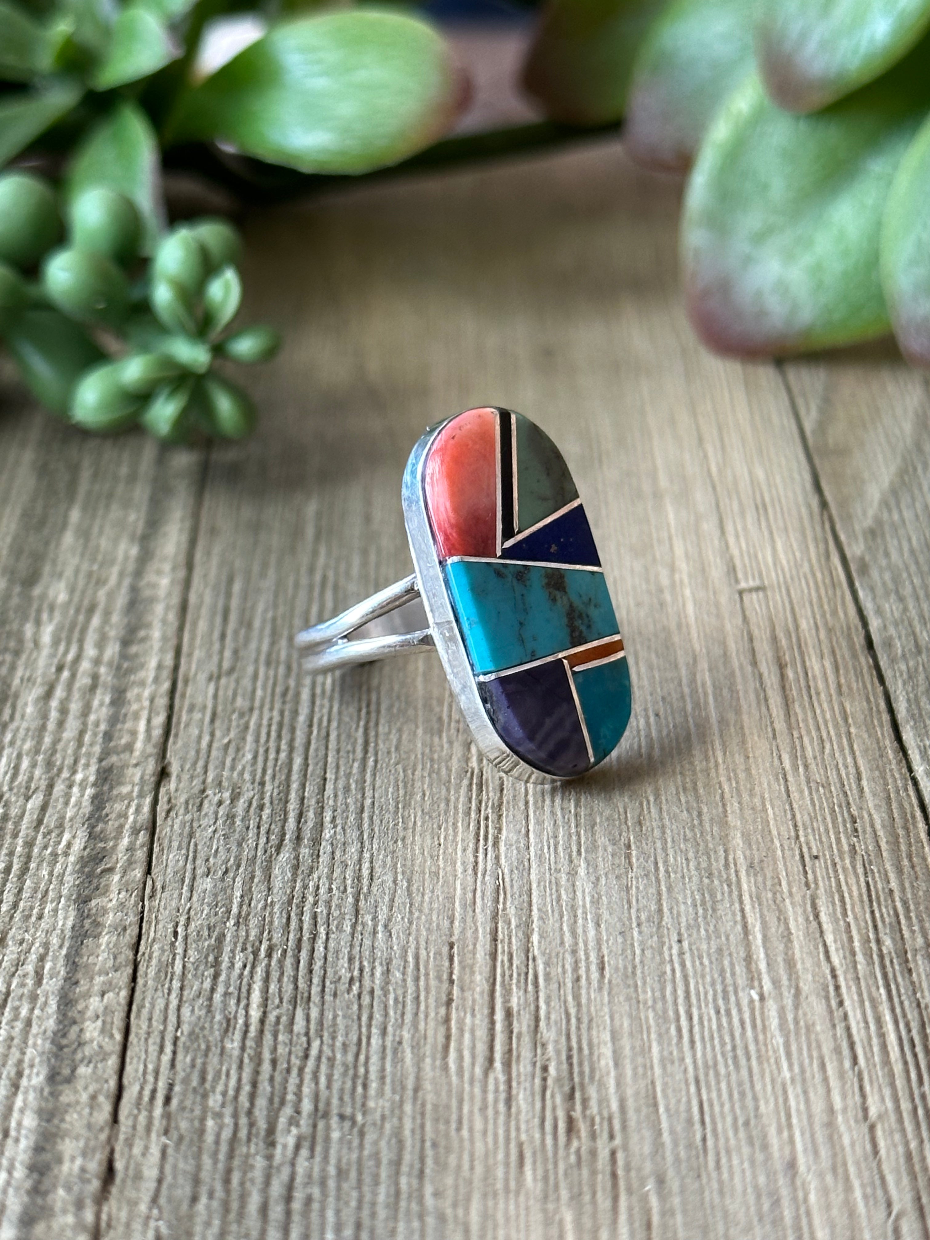 Navajo Made Multi Stone & Sterling Silver Inlay Ring Size 7