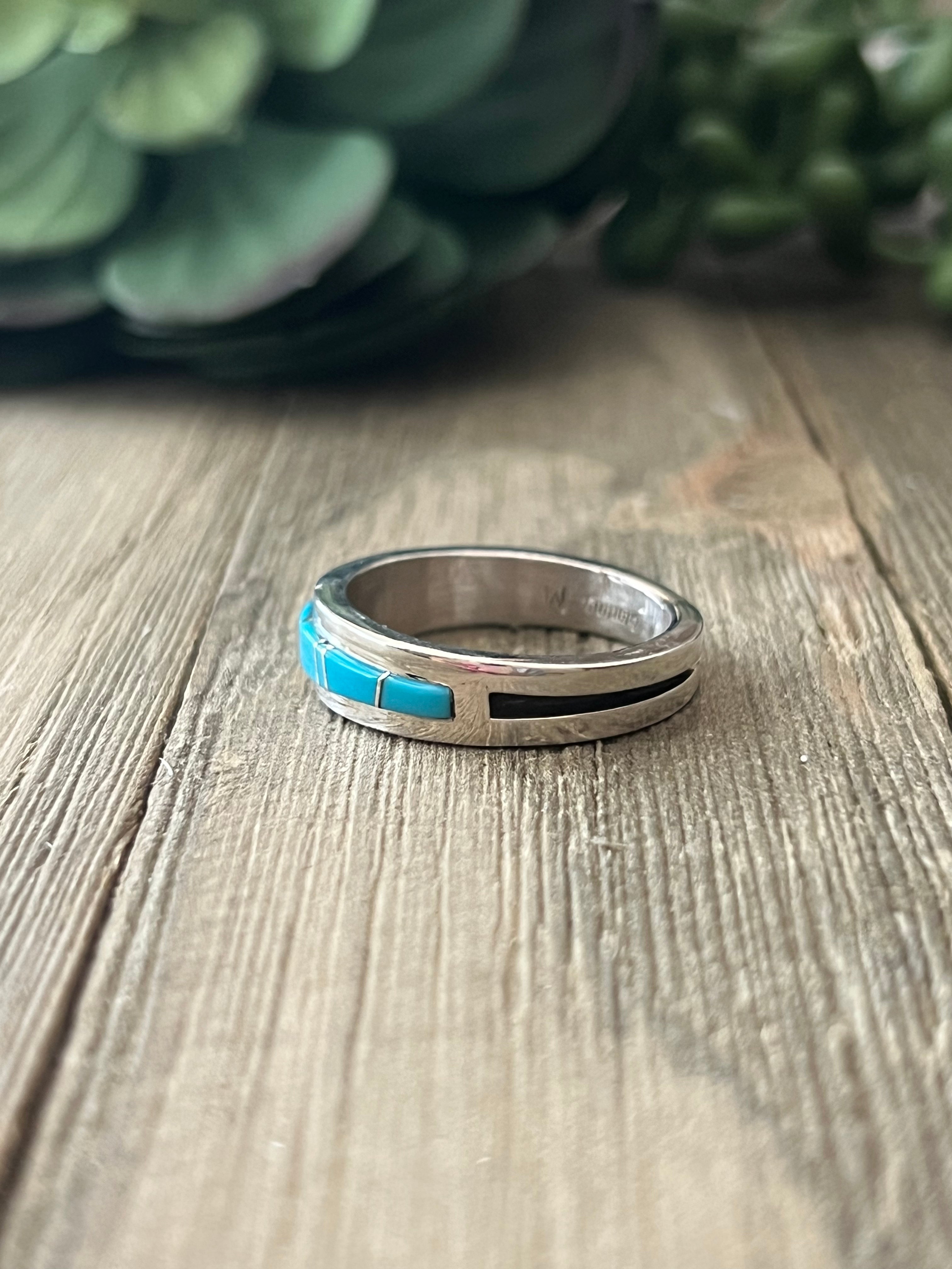 Navajo Made Kingman Turquoise & Sterling Silver Inlay Ring