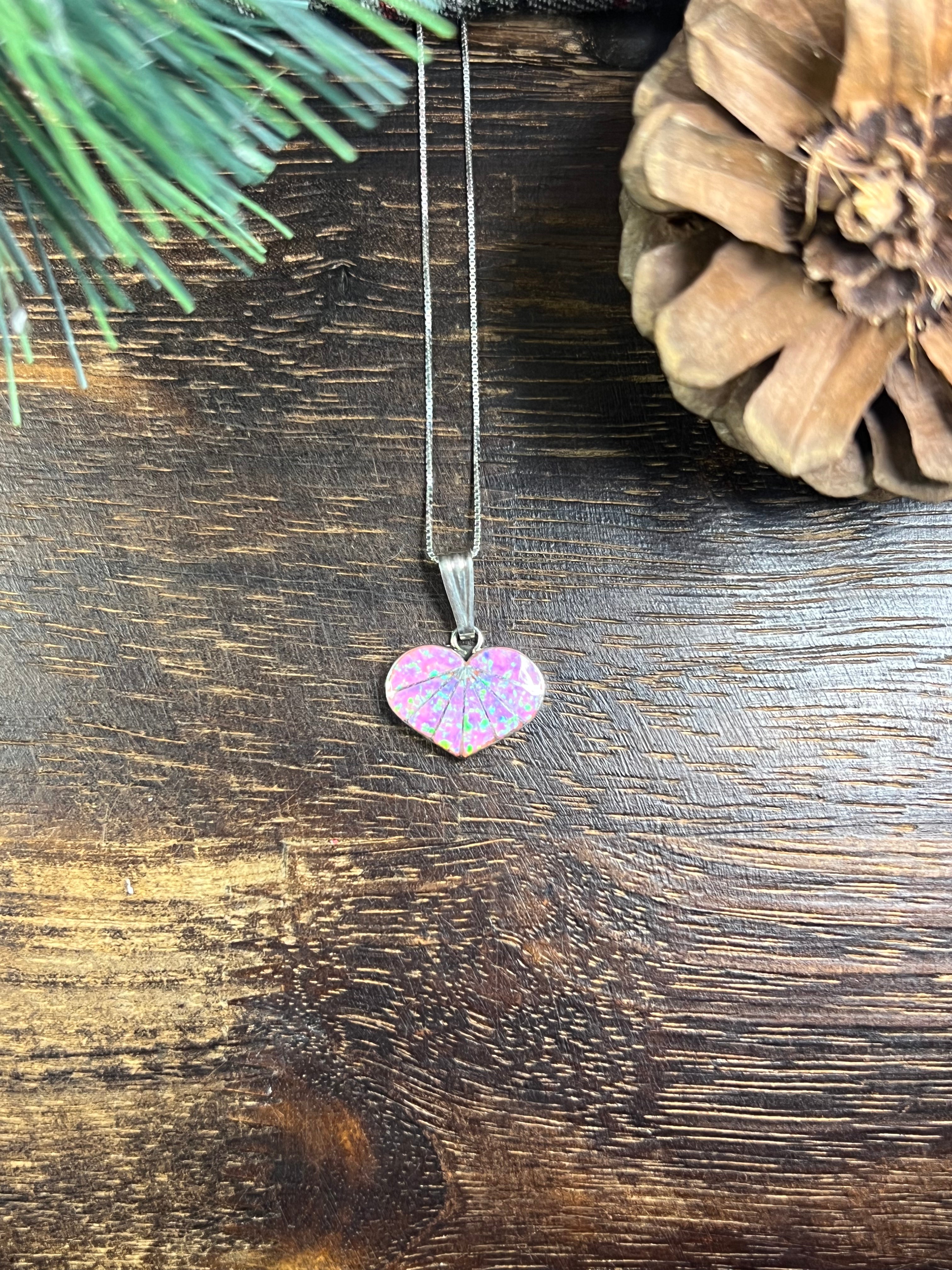 Zuni Made Pink Opal (Man Made) & Sterling Silver Heart Inlay Pendant