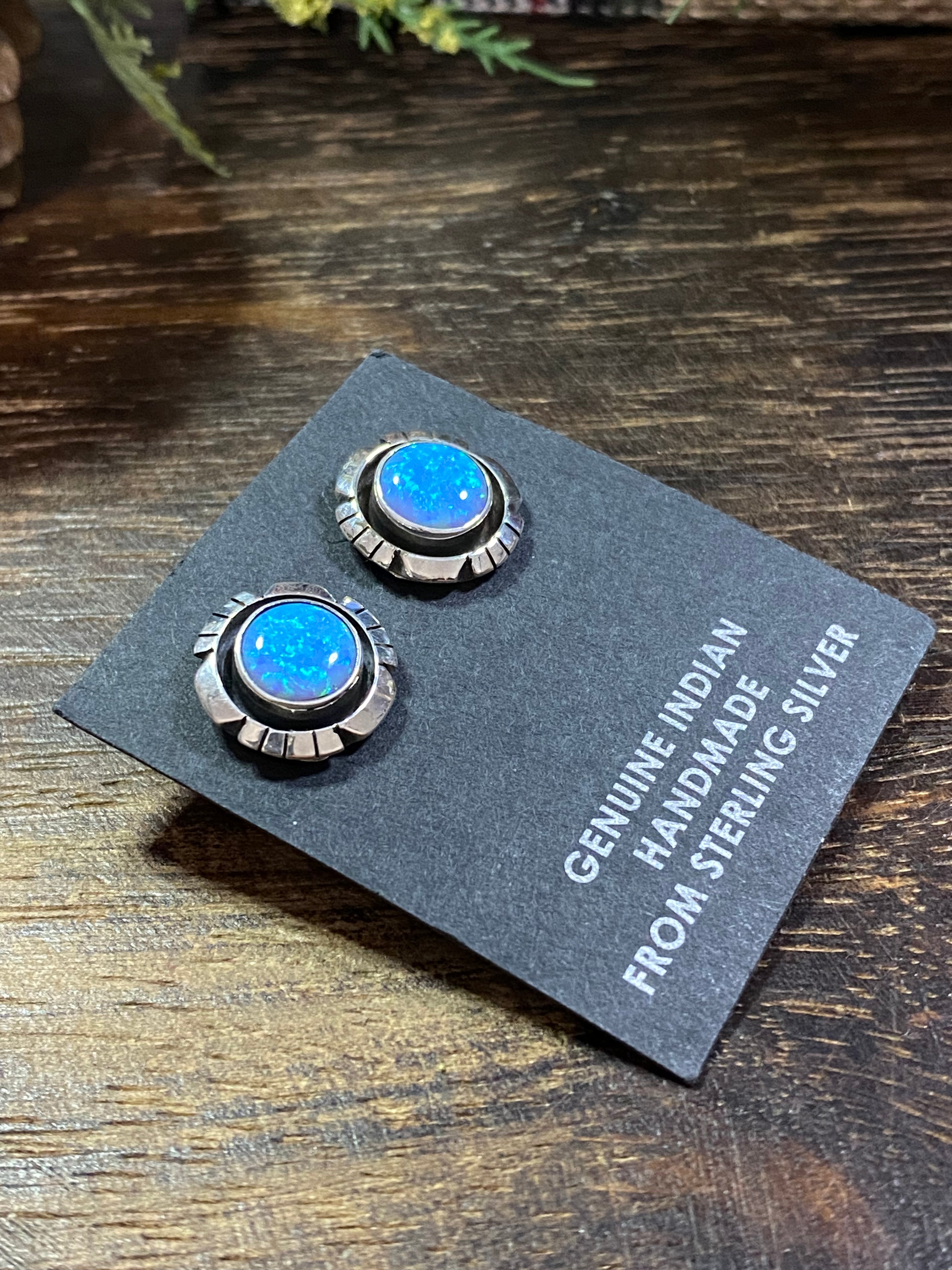 Navajo Made Blue Opal & Sterling Silver Shadowbox Post Earrings