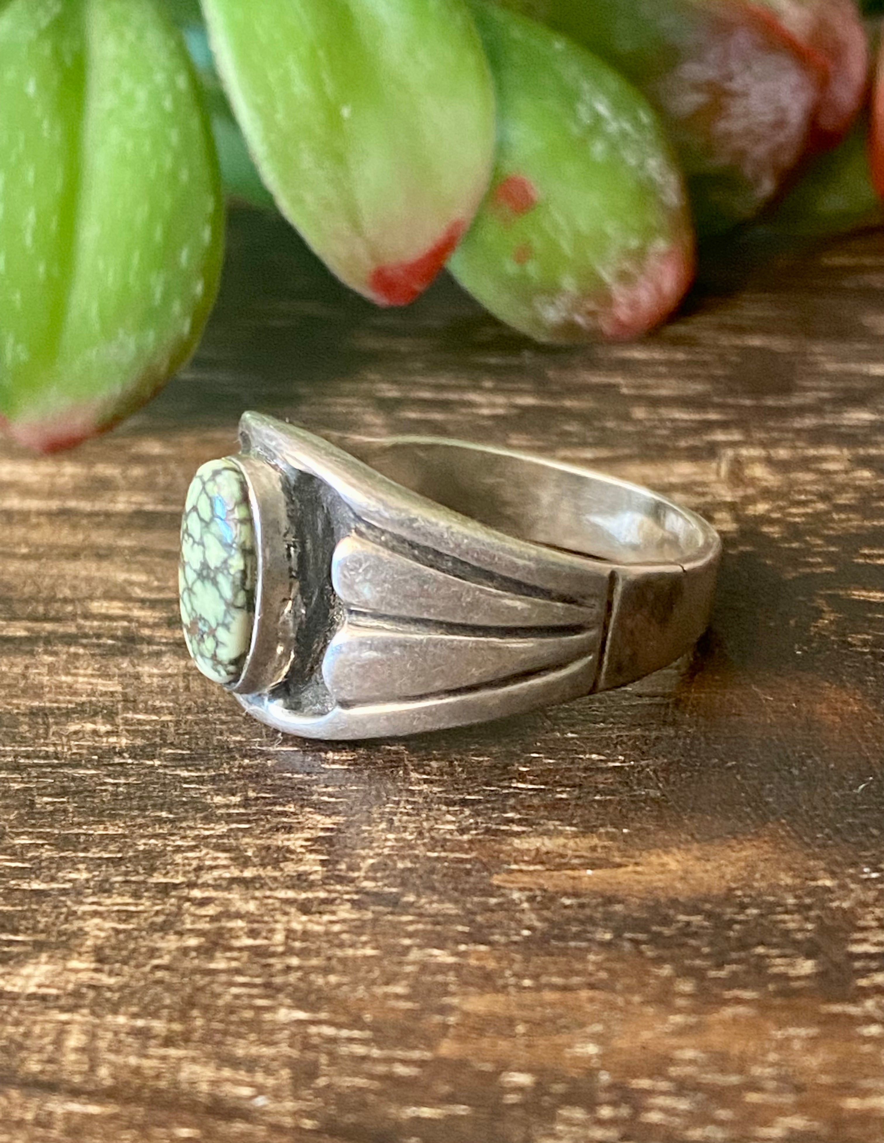 Navajo Made Turquoise & Sterling Silver Inlay Ring Size 11.5