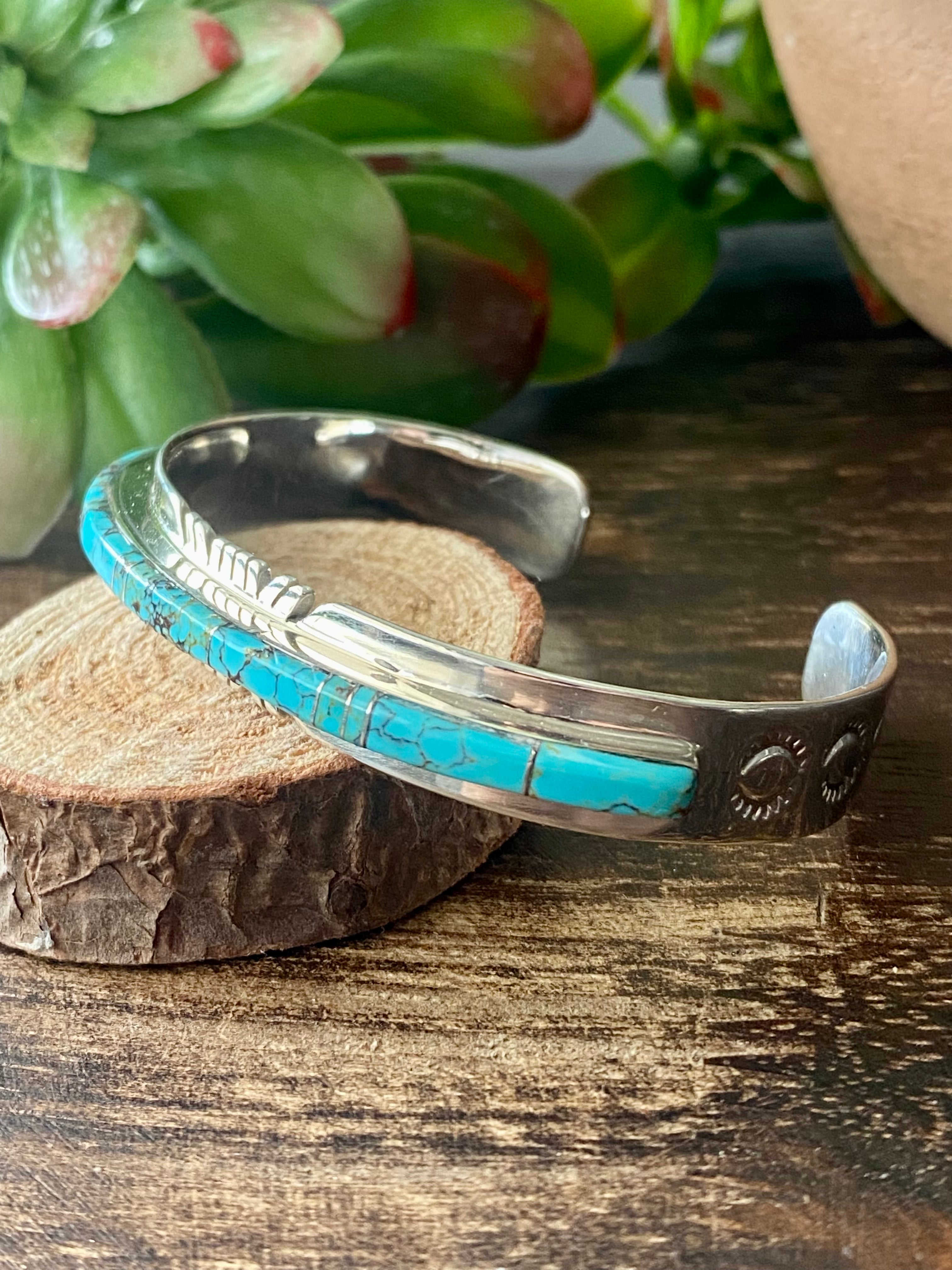 Navajo Made #8 Turquoise & Sterling Silver Inlay Cuff Bracelet