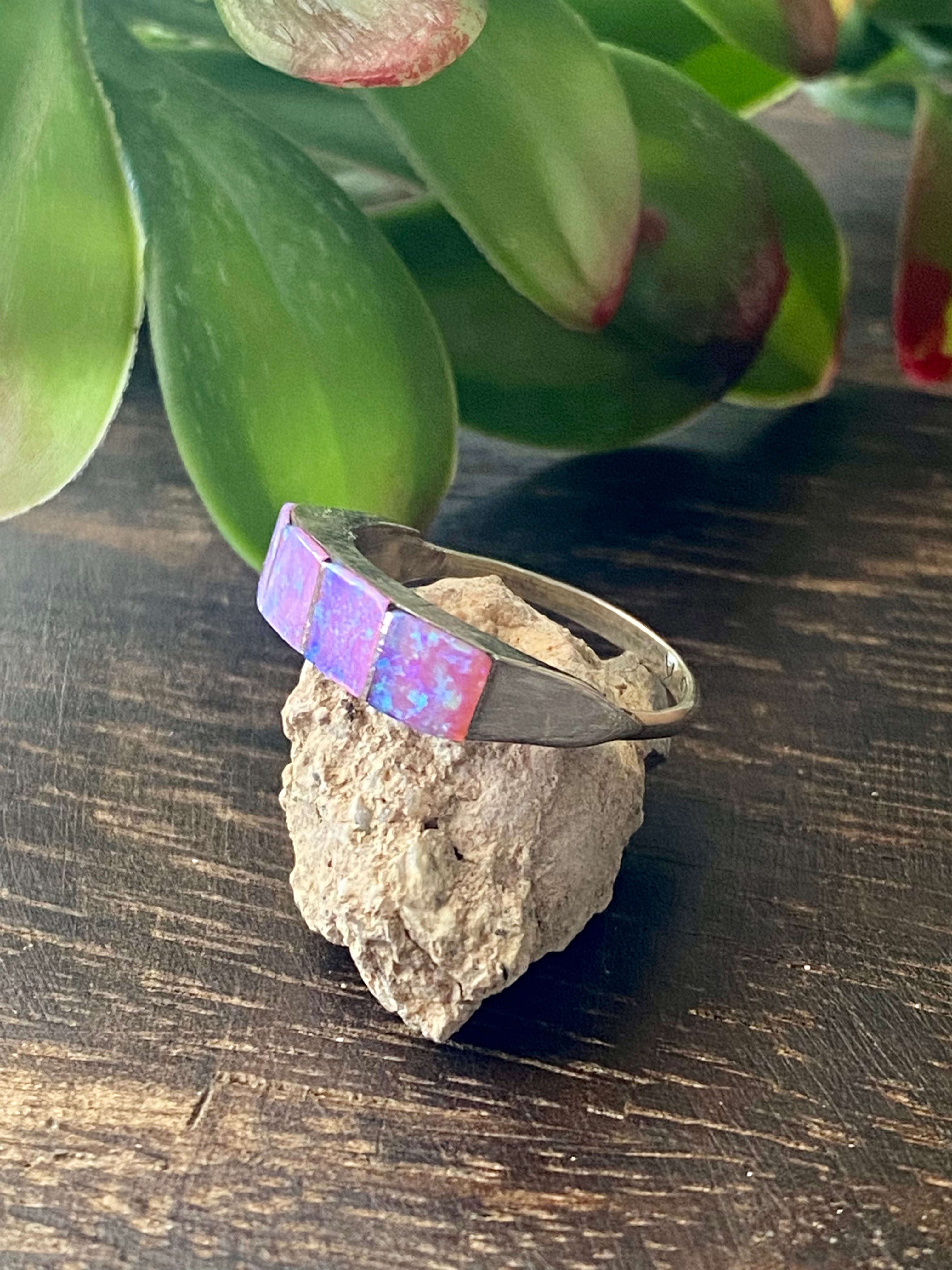 Navajo Made Pink Opal & Sterling Silver Inlay Ring Size 9