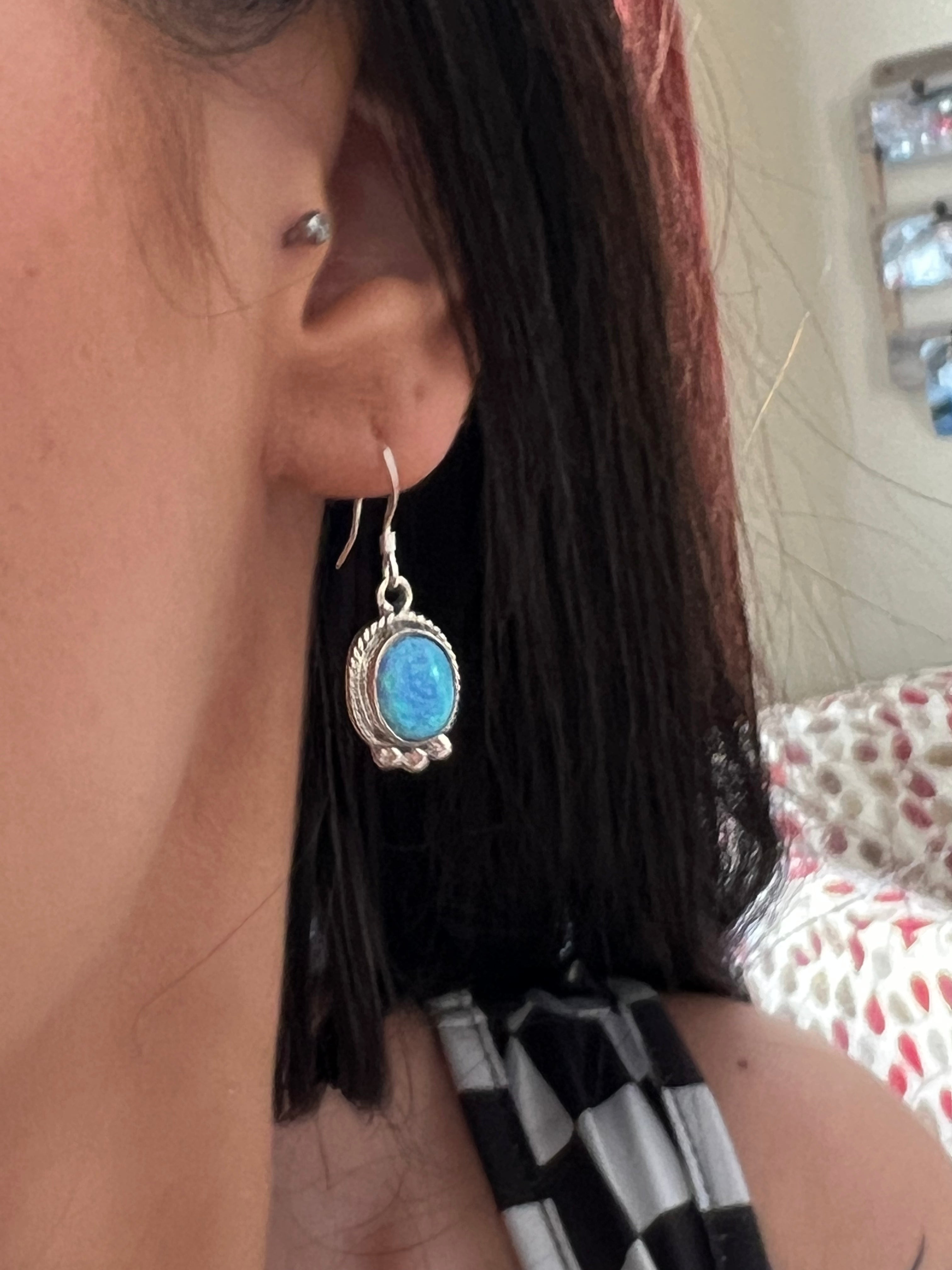 Navajo Made Blue Opal (Man-Made) & Sterling Silver Dangle Earrings