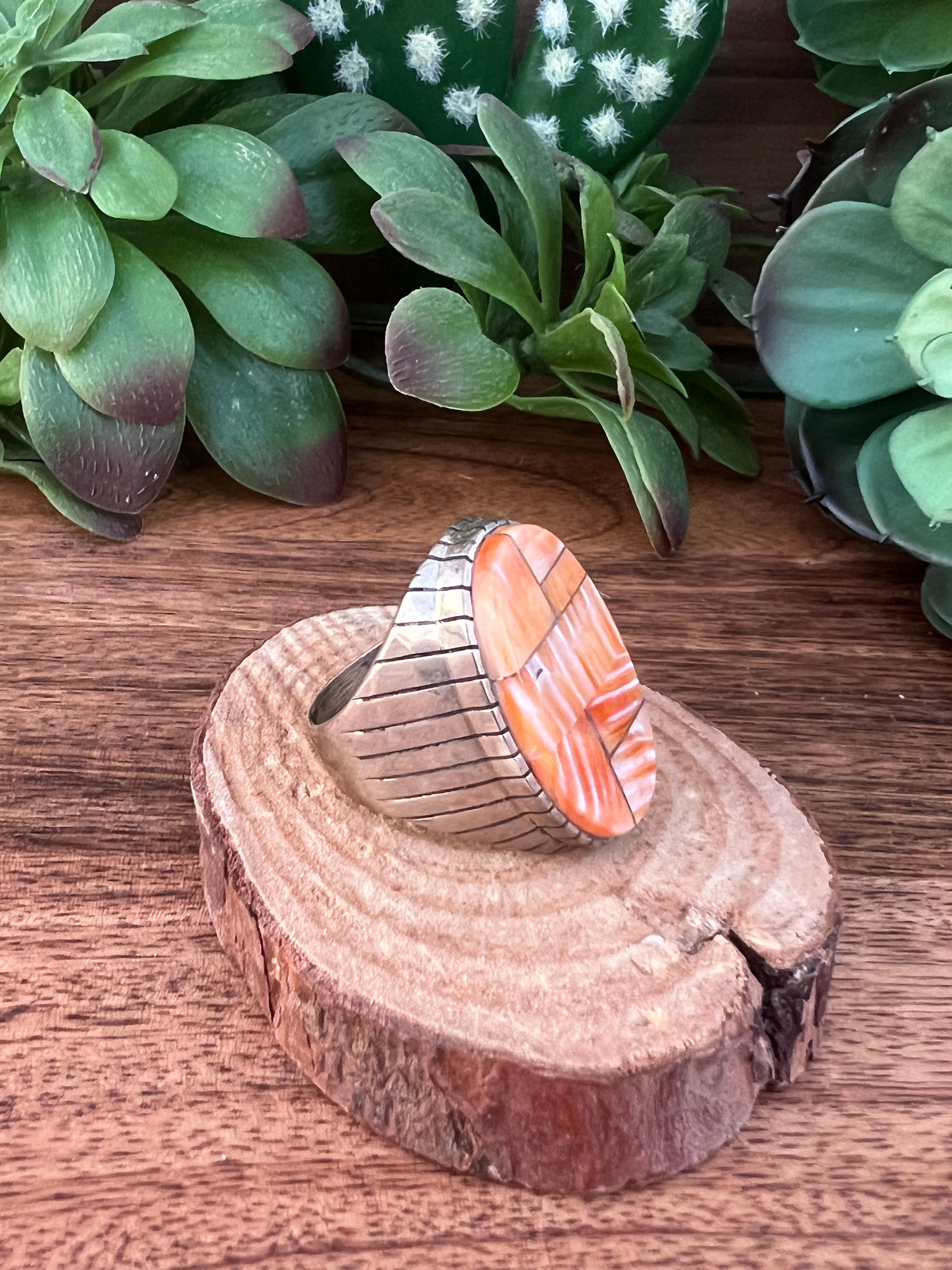 Navajo Spiny Oyster & Sterling Silver Inlay Mens Ring Size 12.5