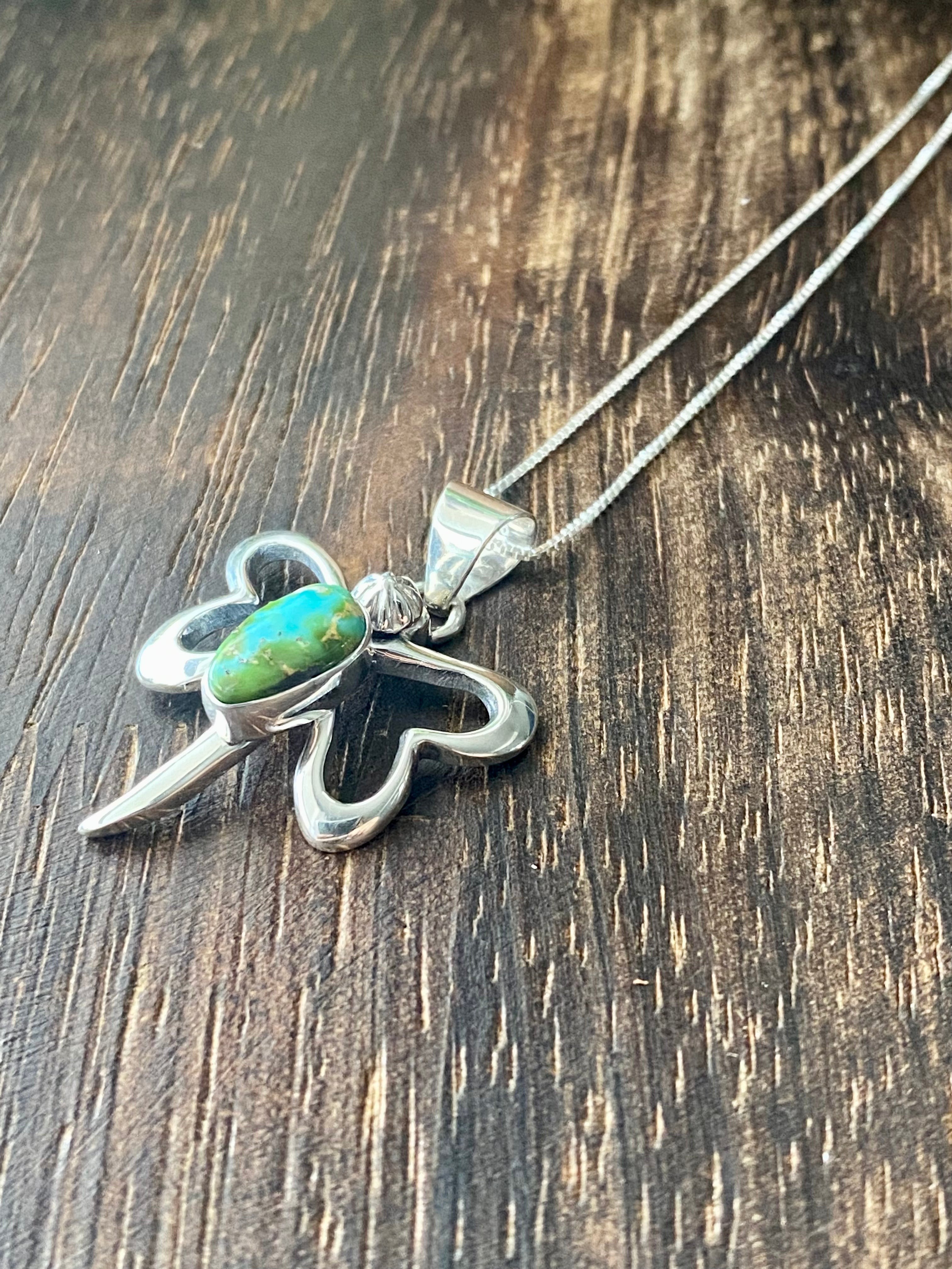 Navajo Made Sonoran Gold Turquoise & Sterling Silver Dragonfly Necklace