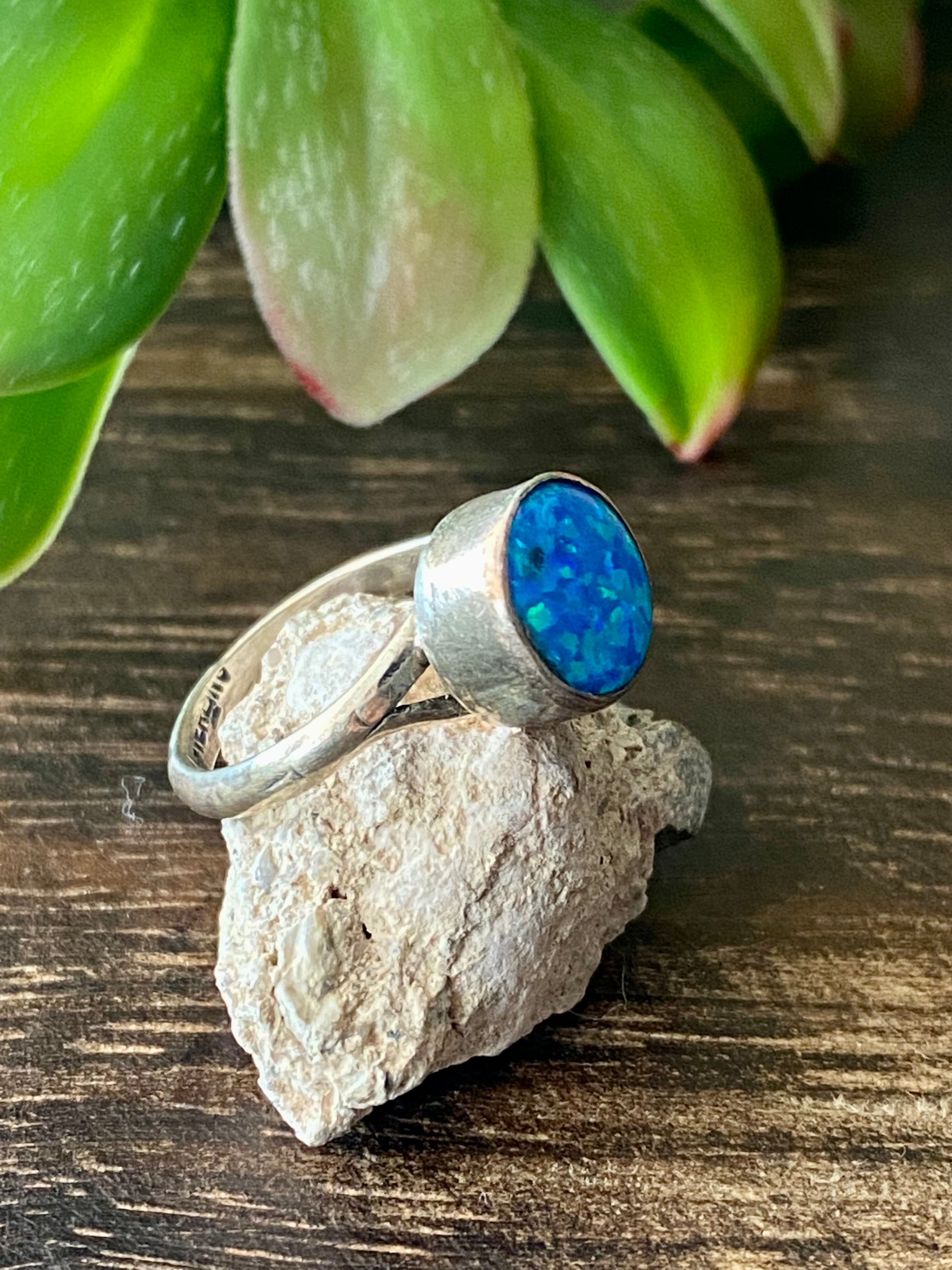 Navajo Made Blue Opal & Sterling Silver Ring Size 5.5