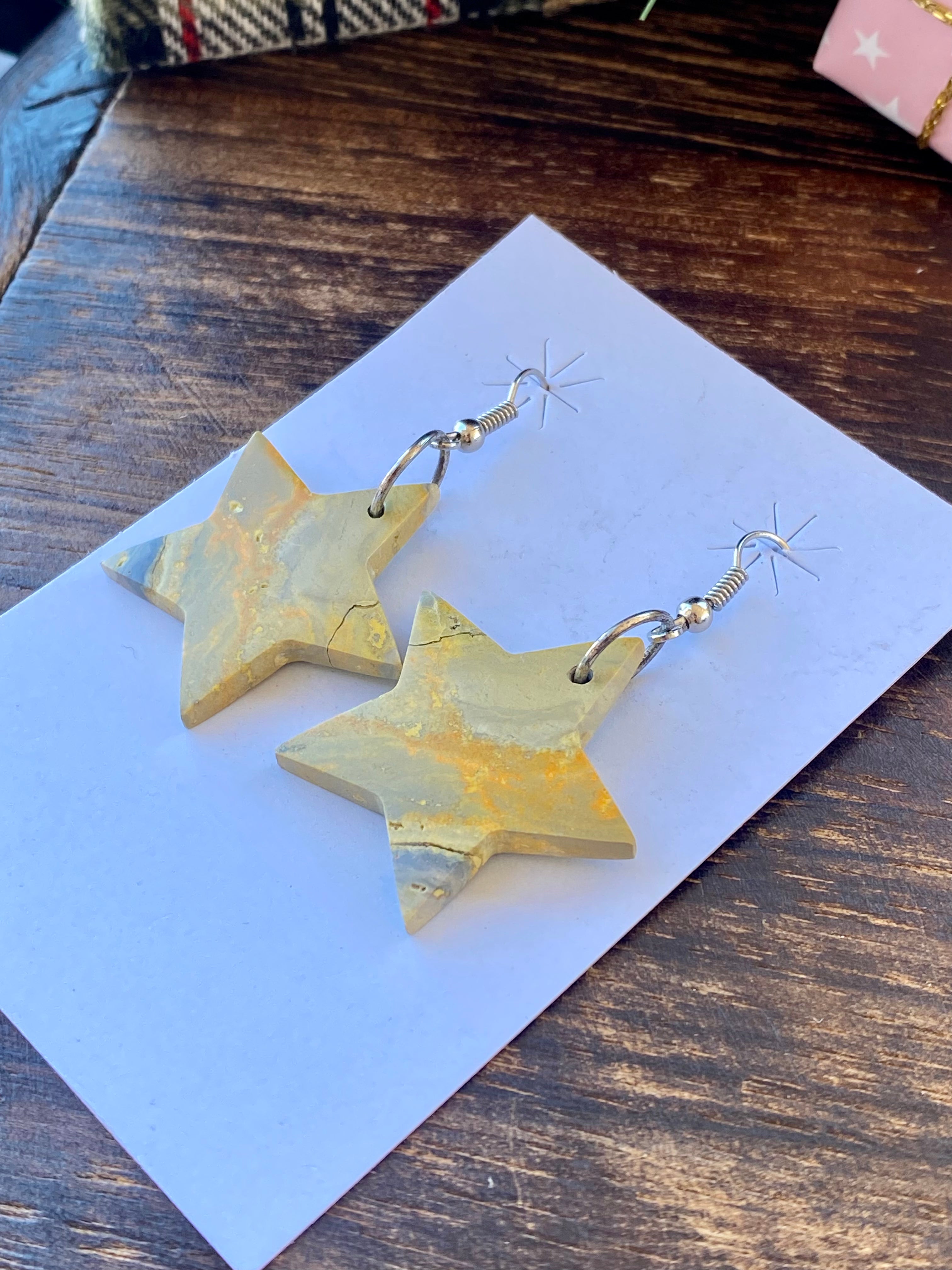 Southwest Handmade Bumblebee Jasper & Sterling Silver Star Dangle Earrings