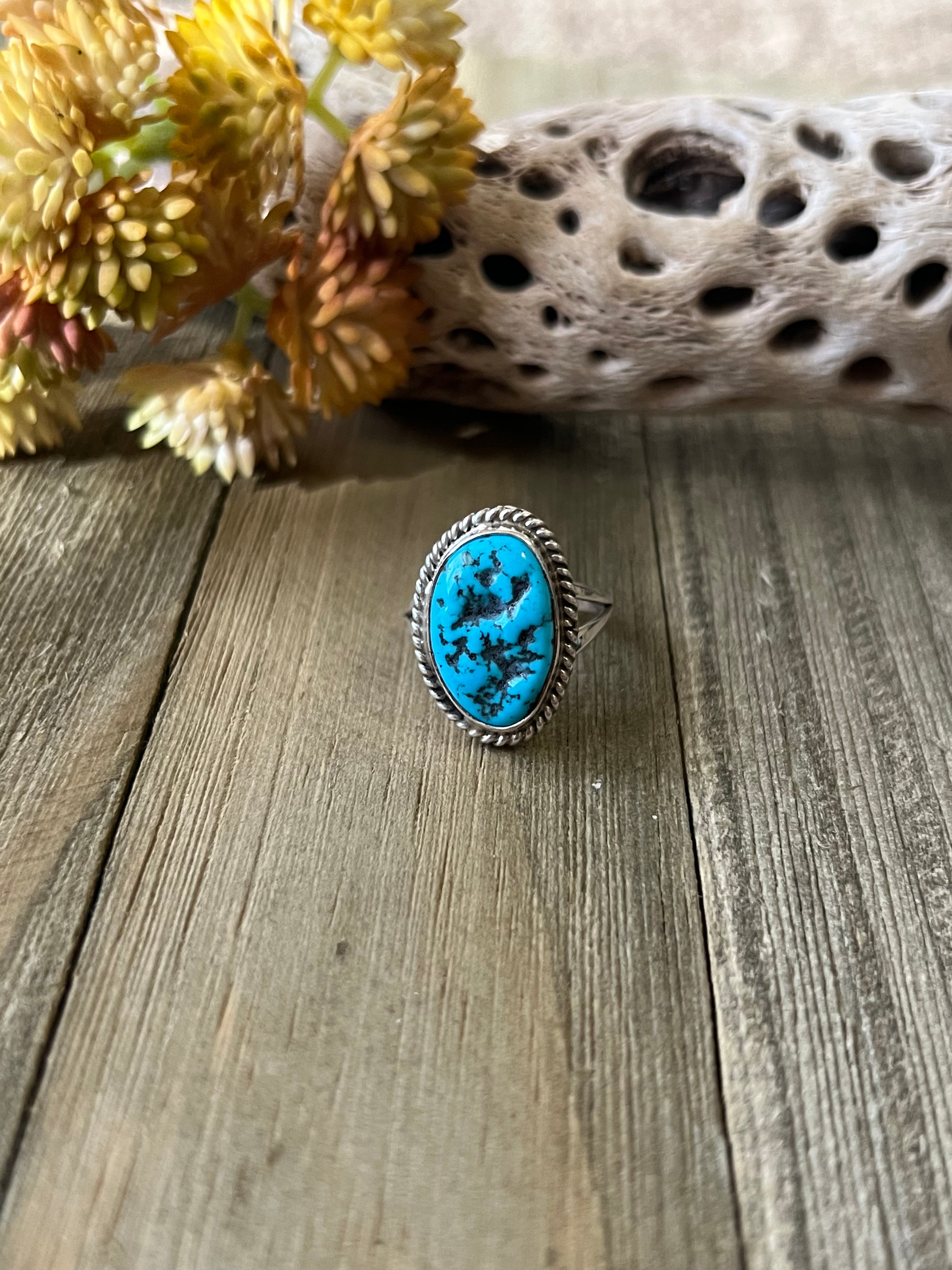 Navajo Made Kingman Turquoise & Sterling Silver Ring Size 7.75