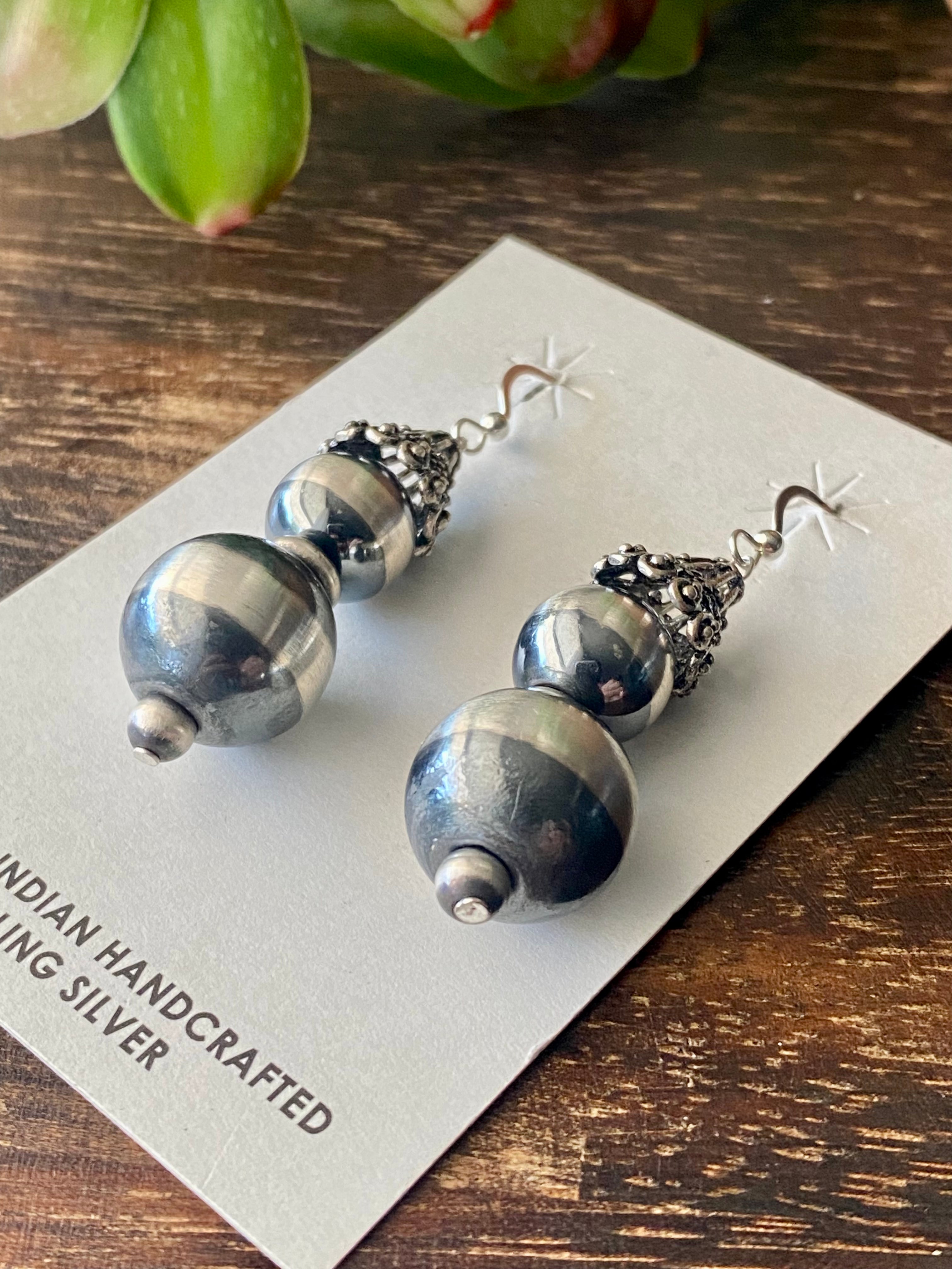 Navajo Made Sterling Silver Pearl Dangle Earrings