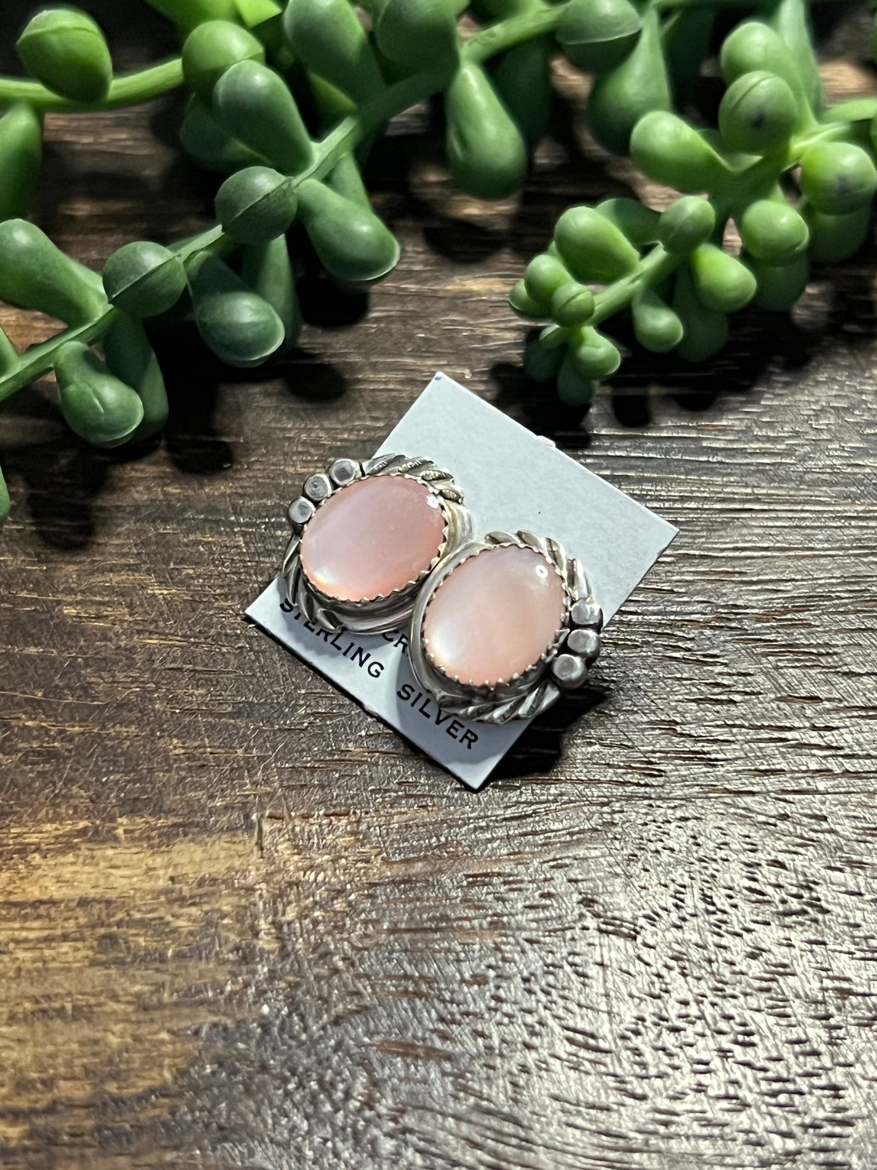 Navajo Made Mother Of Pearl & Sterling Silver Post Earrings