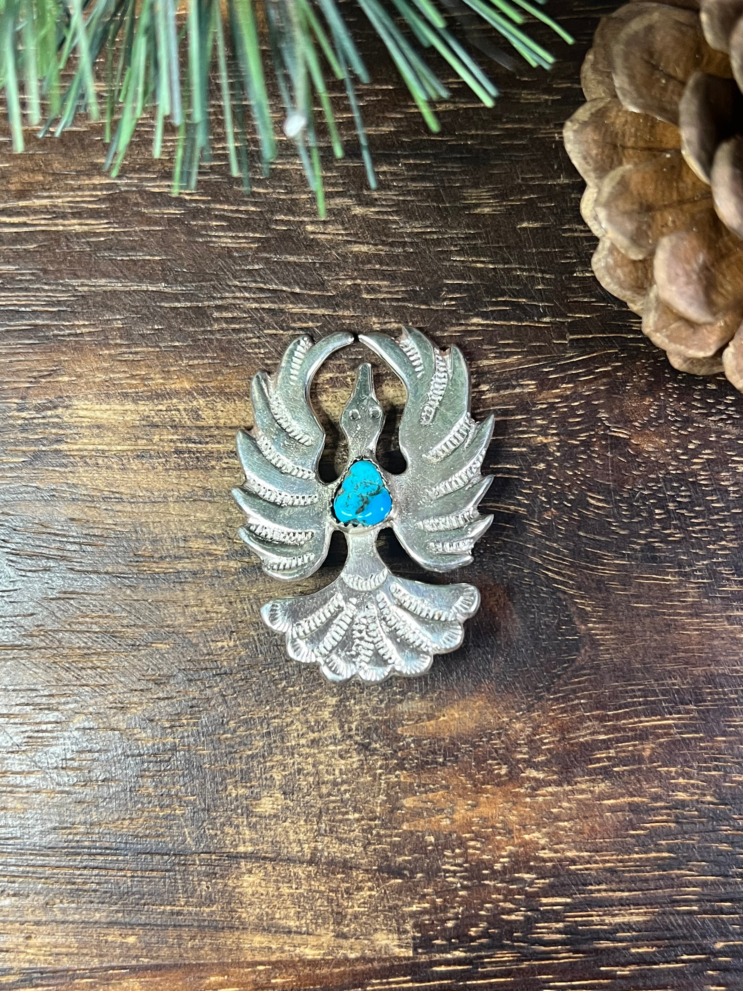 Navajo Made Kingman Turquoise & Sterling Silver Bird Pin