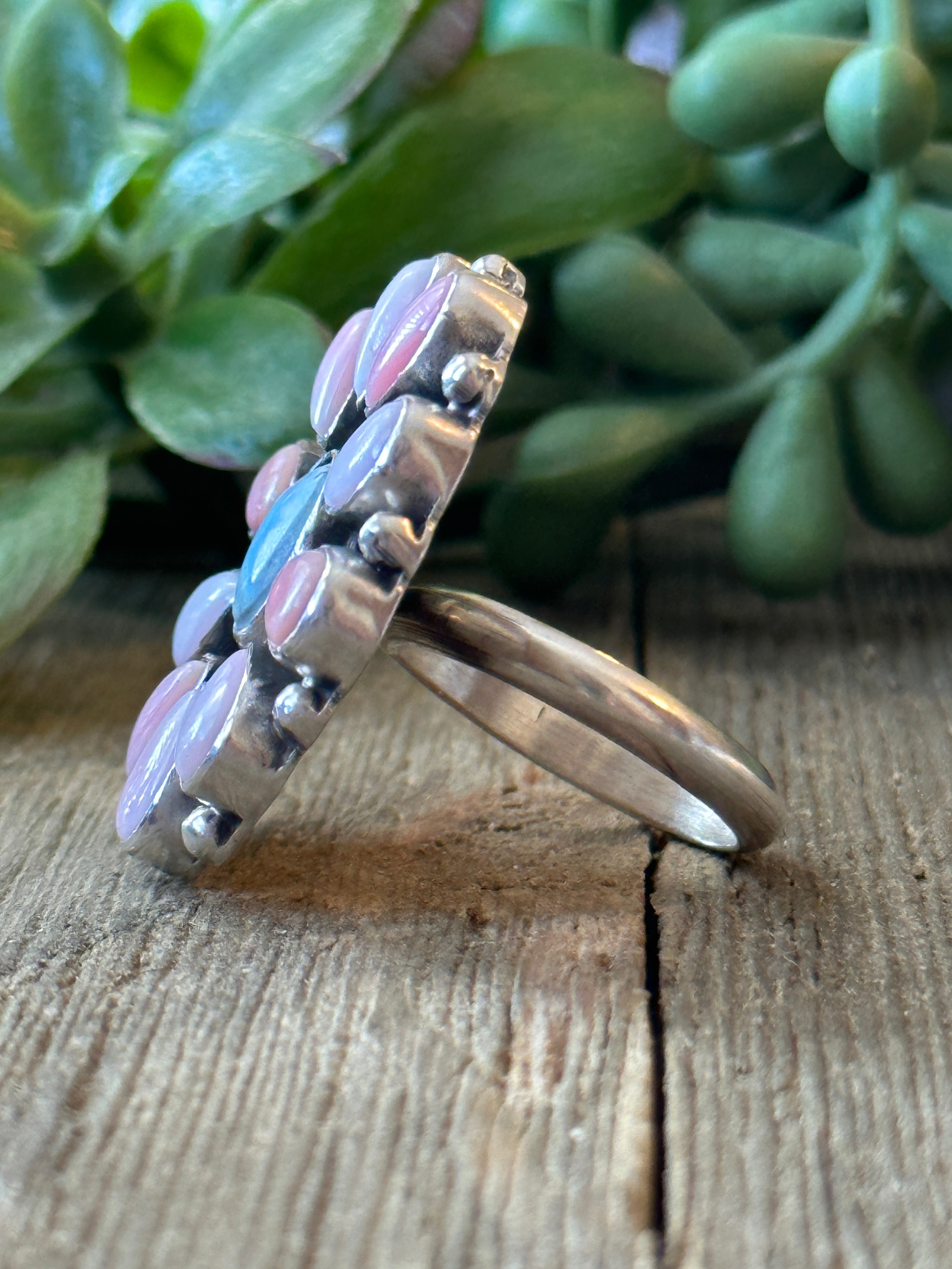 Navajo Made Golden Hill & Pink Conch & Sterling Silver Adjustable Cluster Ring