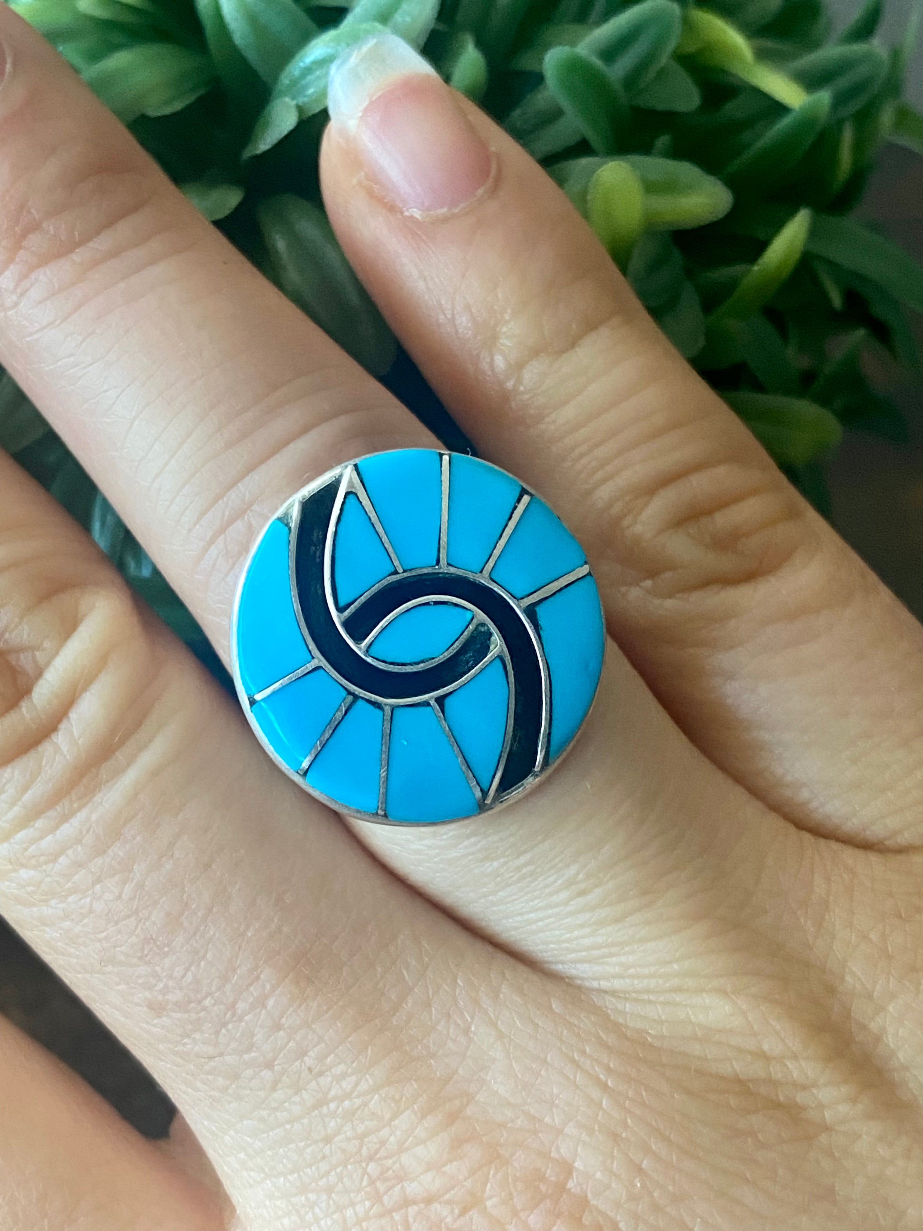 Amy Locaspino Kingman Turquoise & Sterling Silver Inlay Ring Size 8.25