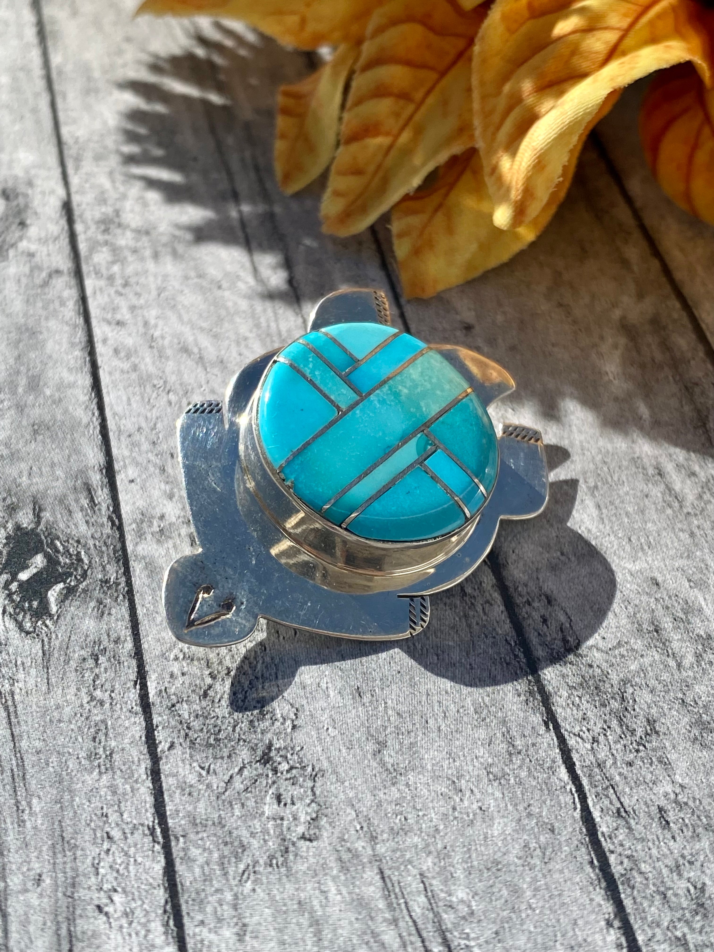 Navajo Made Turquoise & Sterling Silver Inlay Turtle Pin