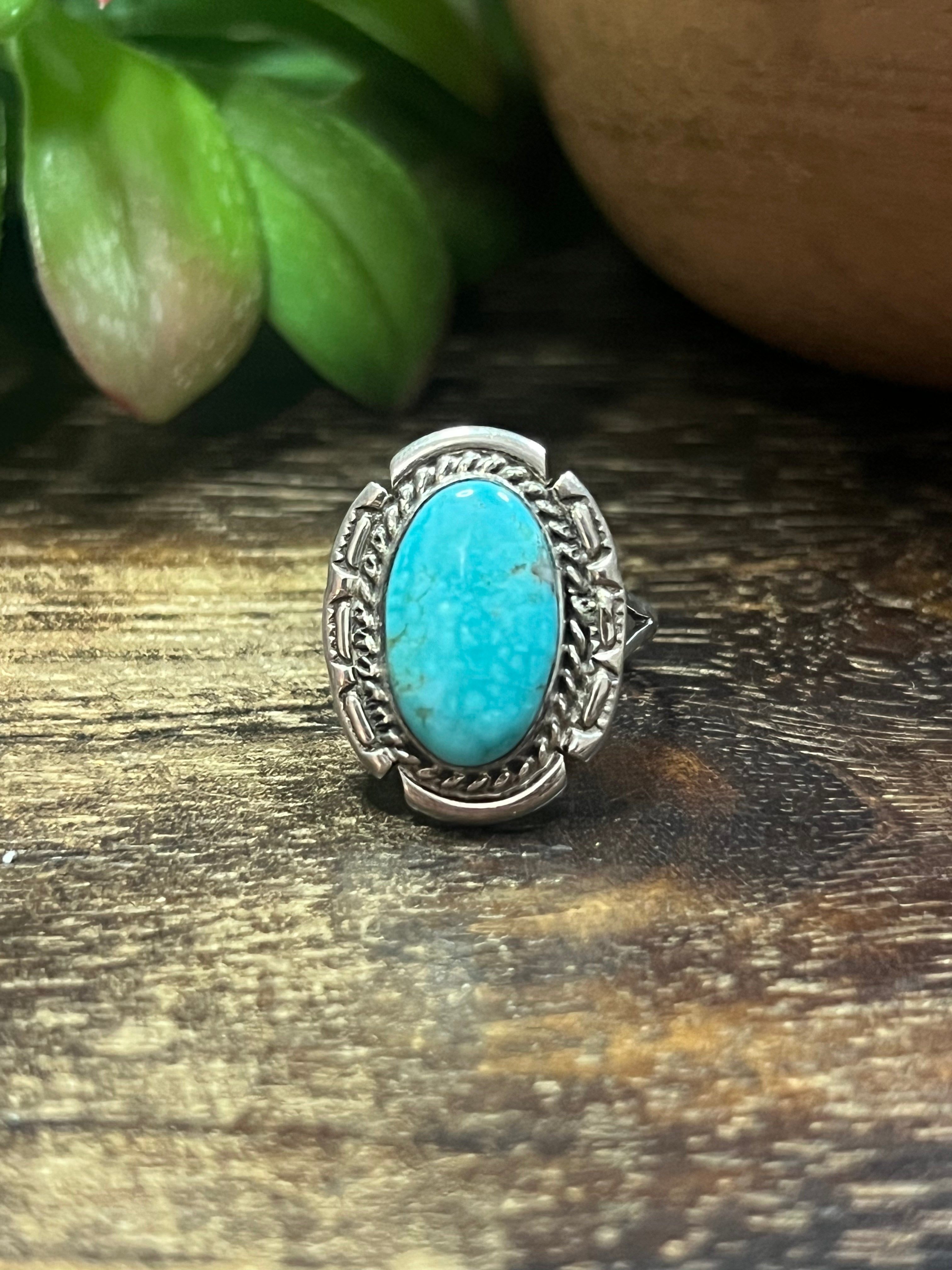 Navajo Made Kingman Turquoise & Sterling Silver Ring Size 7.75