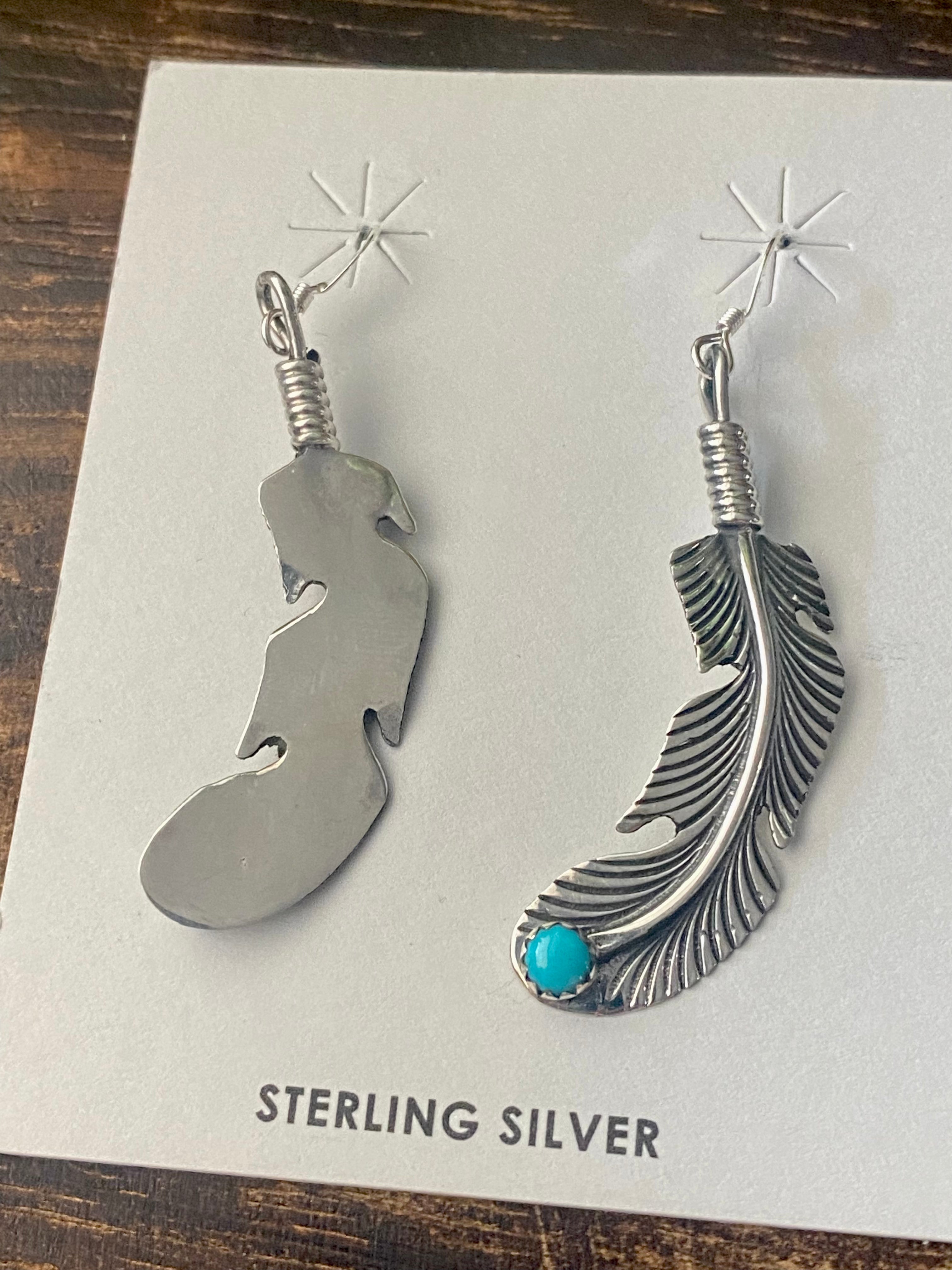 Navajo Made Kingman Turquoise & Sterling Silver Feather Dangle Earrings