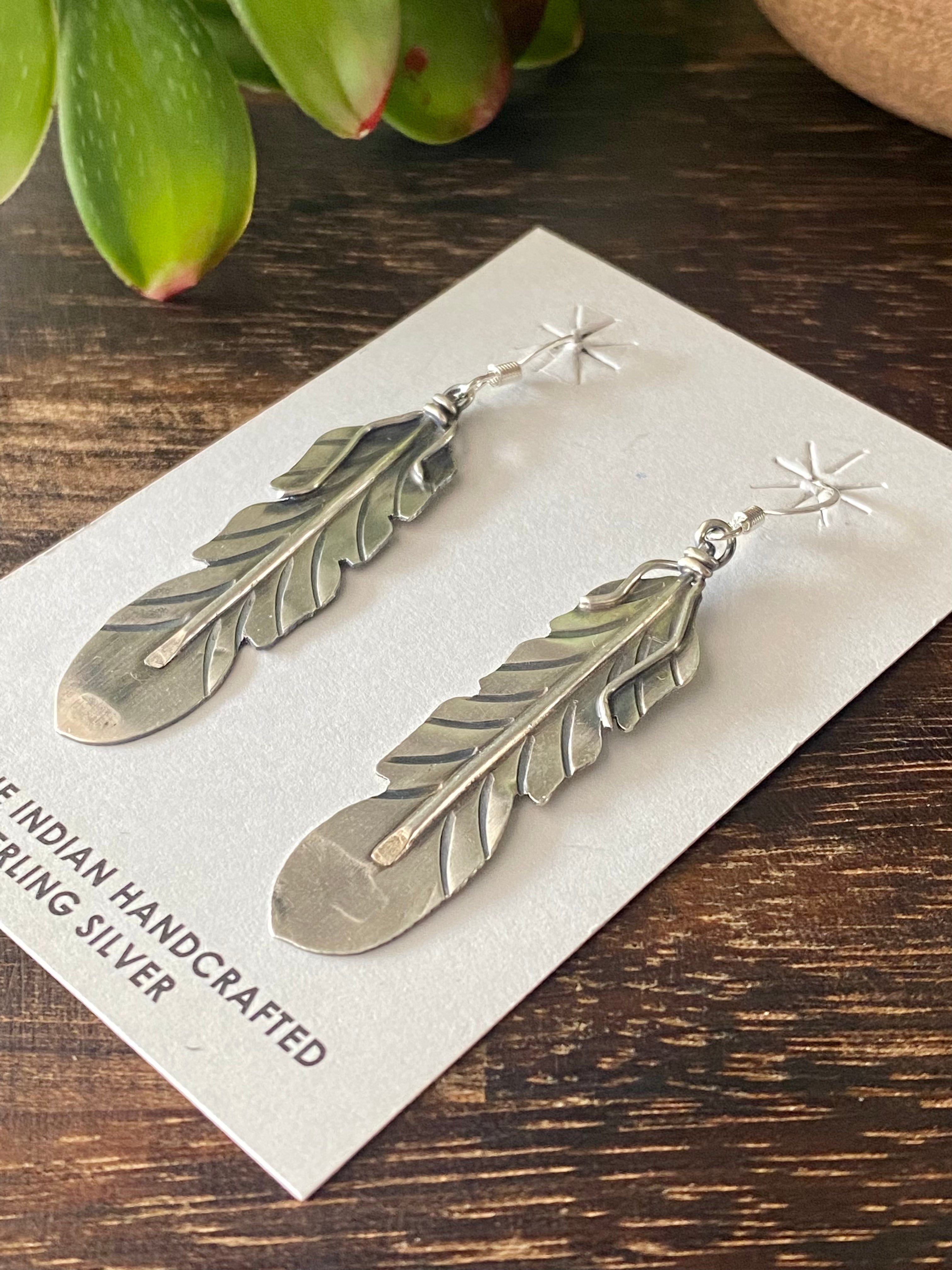 Navajo Made Sterling Silver Feather Dangle Earrings