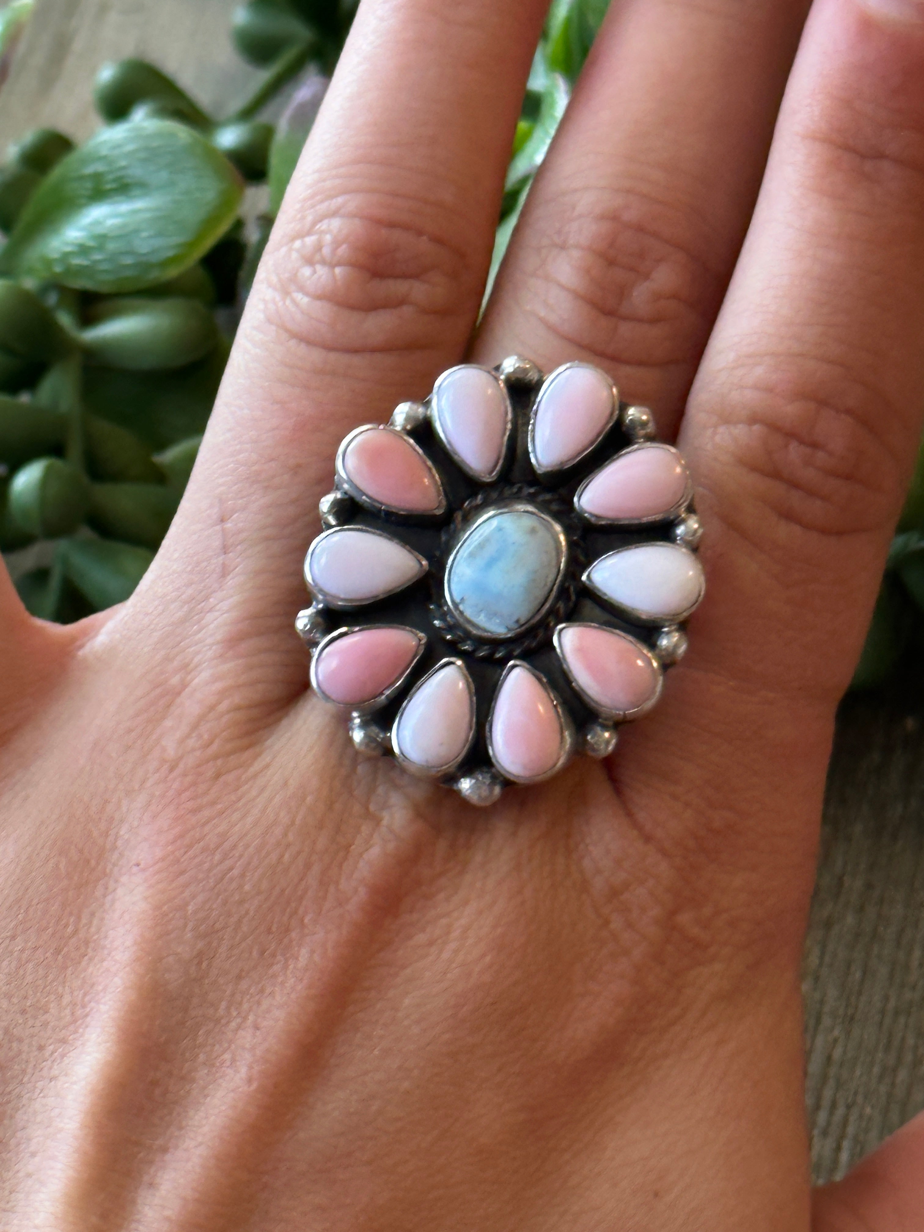 Navajo Made Golden Hill & Pink Conch & Sterling Silver Adjustable Cluster Ring