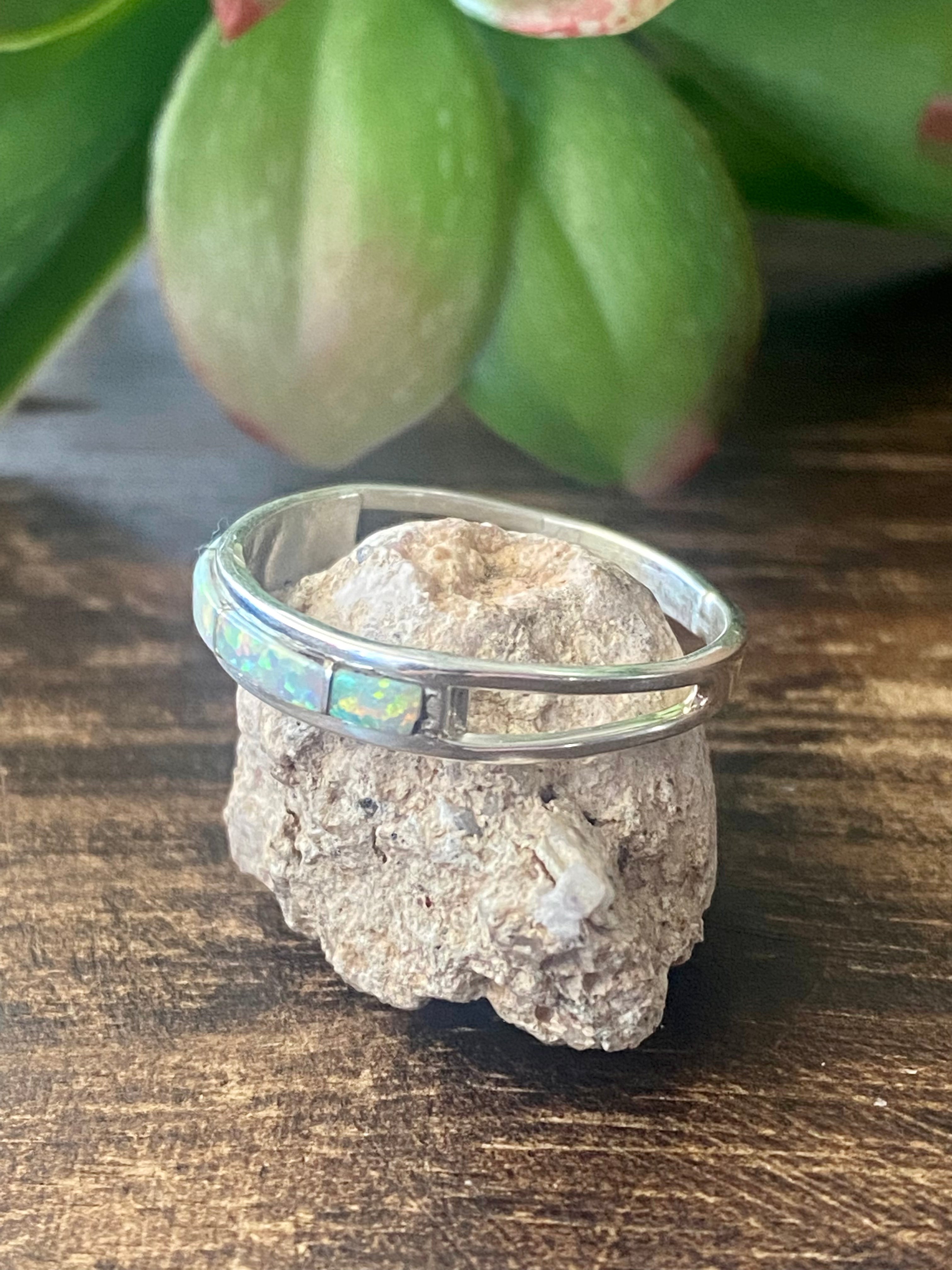 Navajo Made White Opal & Sterling Silver Inlay Rings