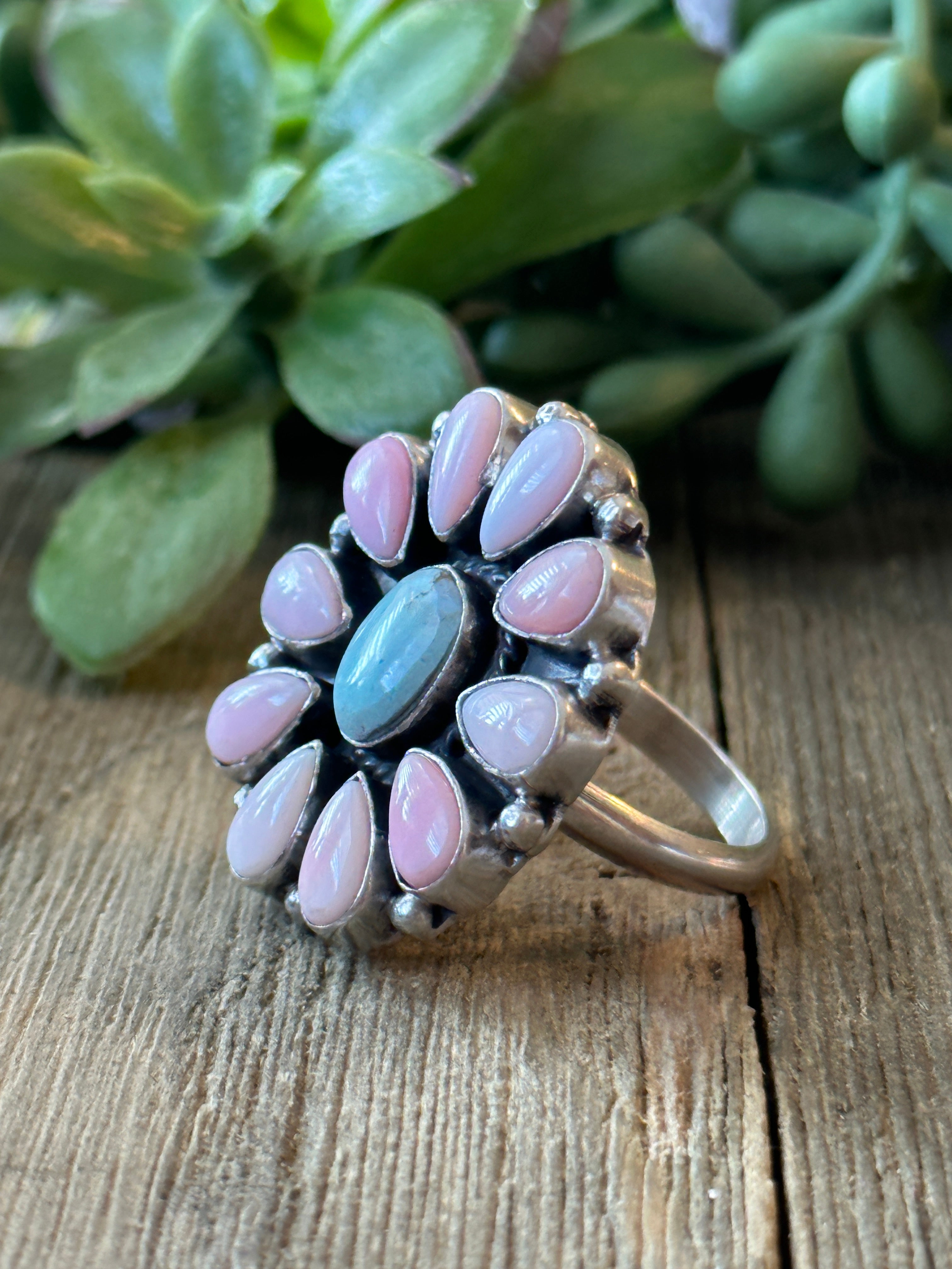 Navajo Made Golden Hill & Pink Conch & Sterling Silver Adjustable Cluster Ring