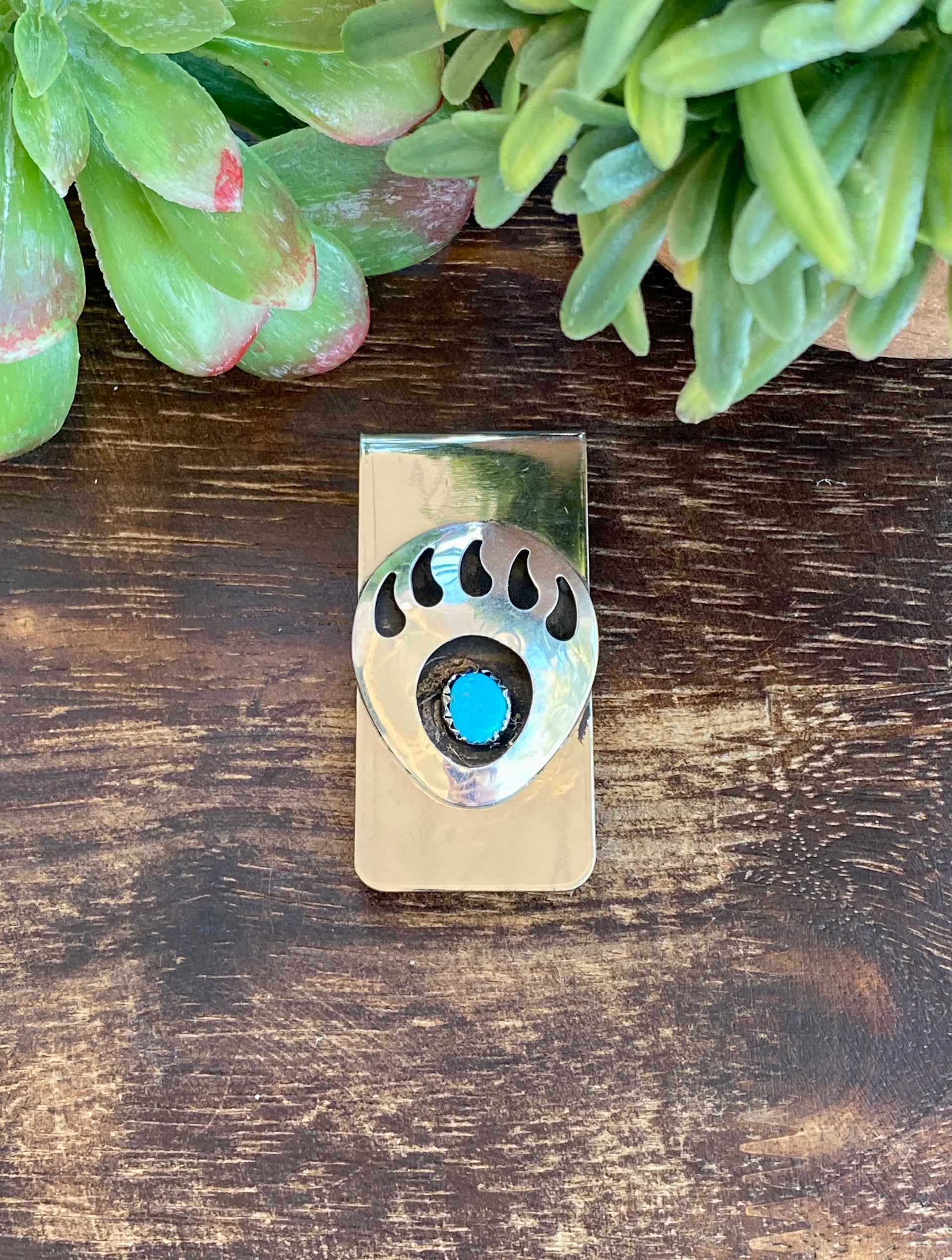 Navajo Made Turquoise & Sterling Silver Bear Claw Money Clip