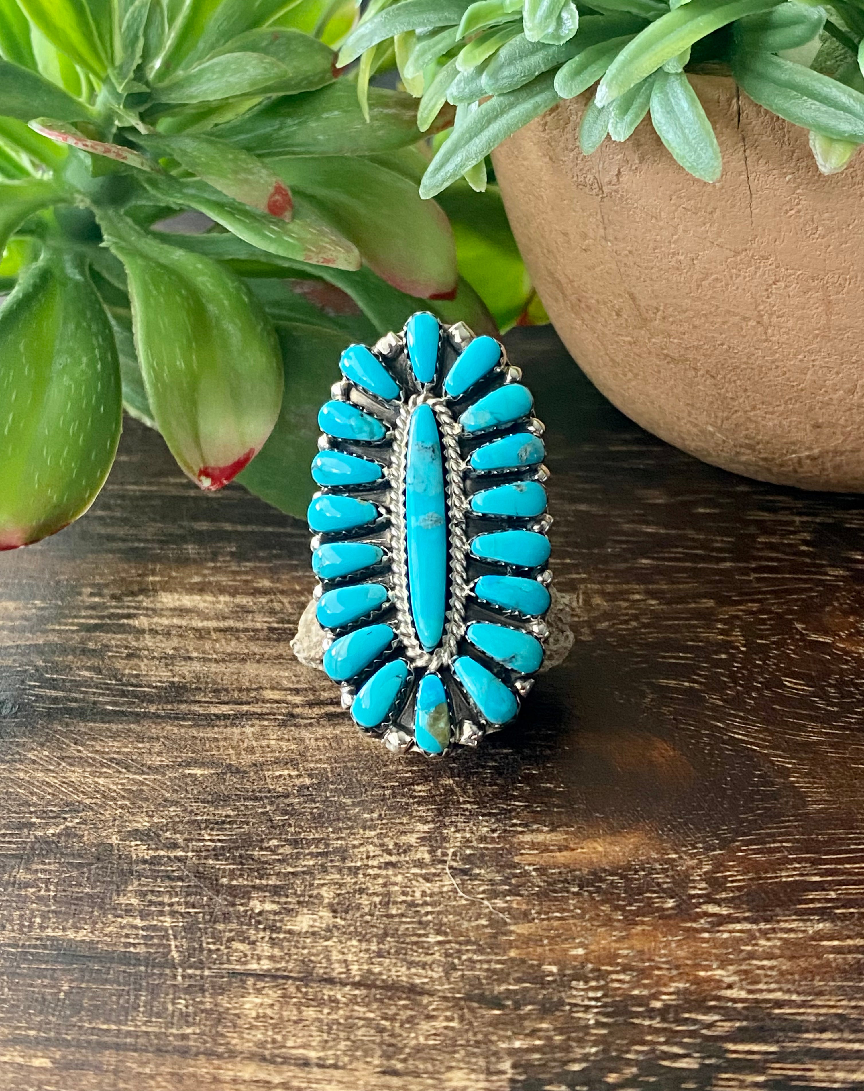 Navajo Made Kingman Turquoise & Sterling Silver Cluster Ring Size 8.5