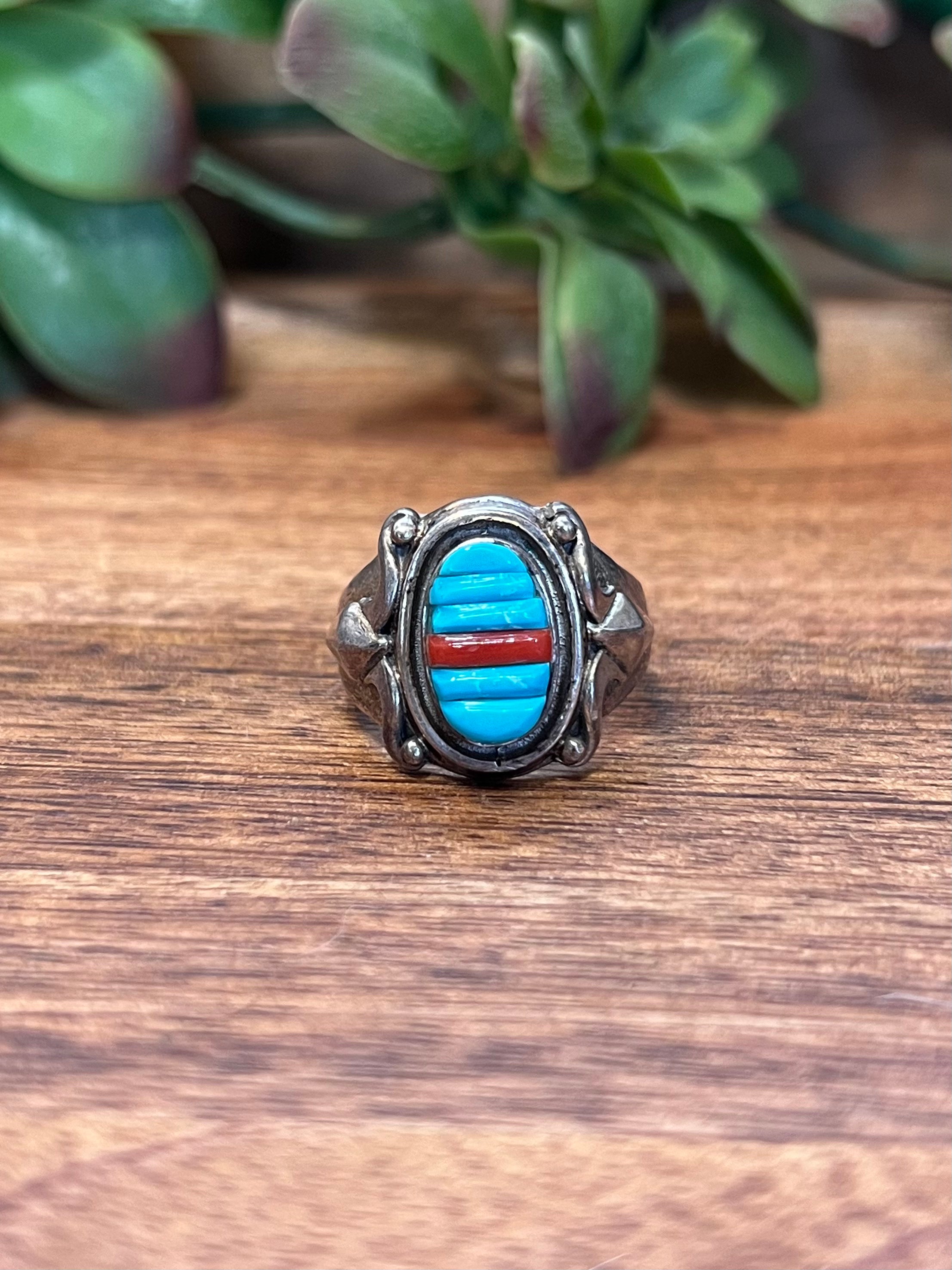 Navajo Turquoise & Coral Sterling Silver Mens Ring Size 10.5