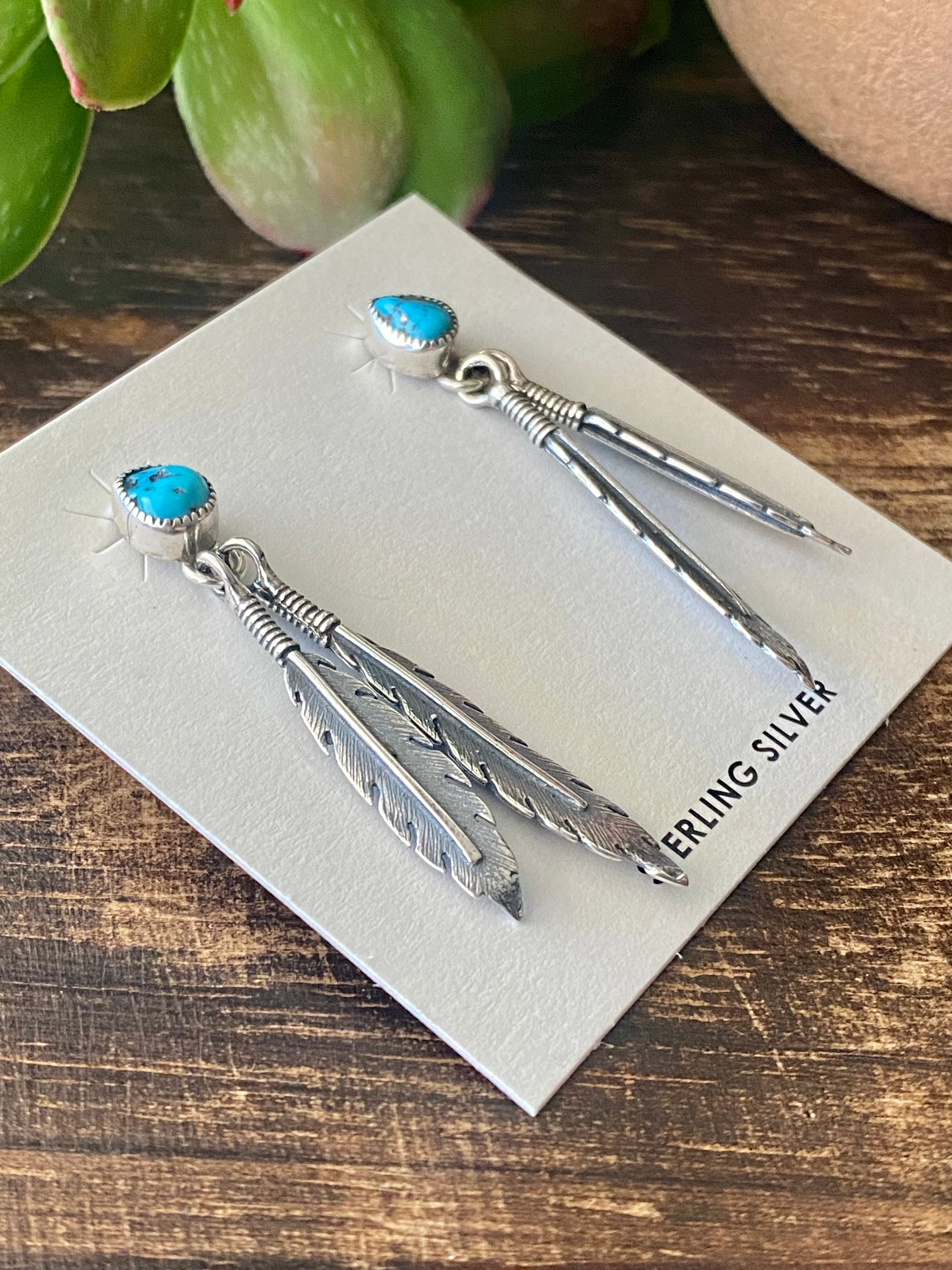 Navajo Made Kingman Turquoise & Sterling Silver Post Feather Dangle Earrings