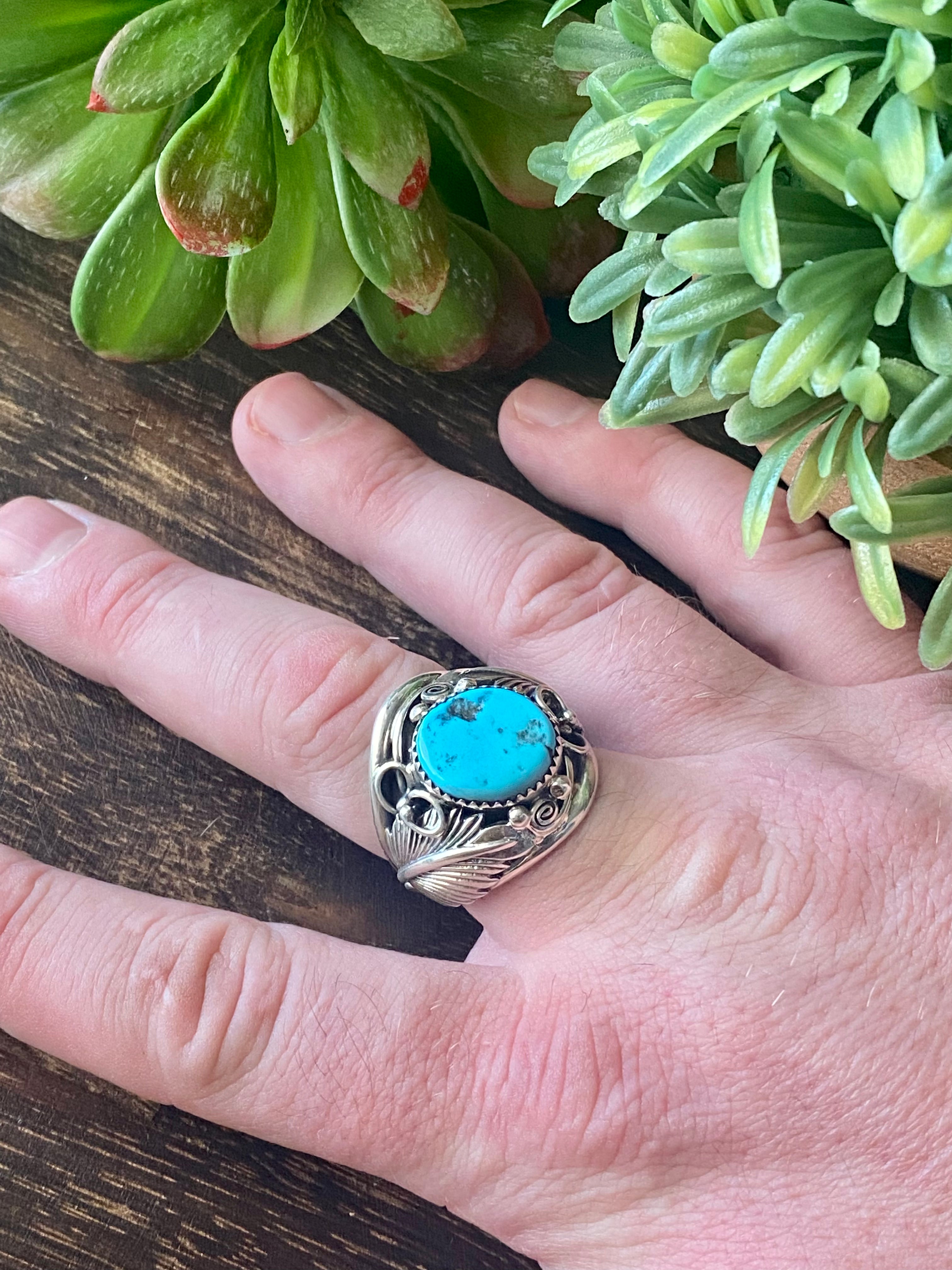 Navajo Made Kingman Turquoise & Sterling Silver Ring Size 11